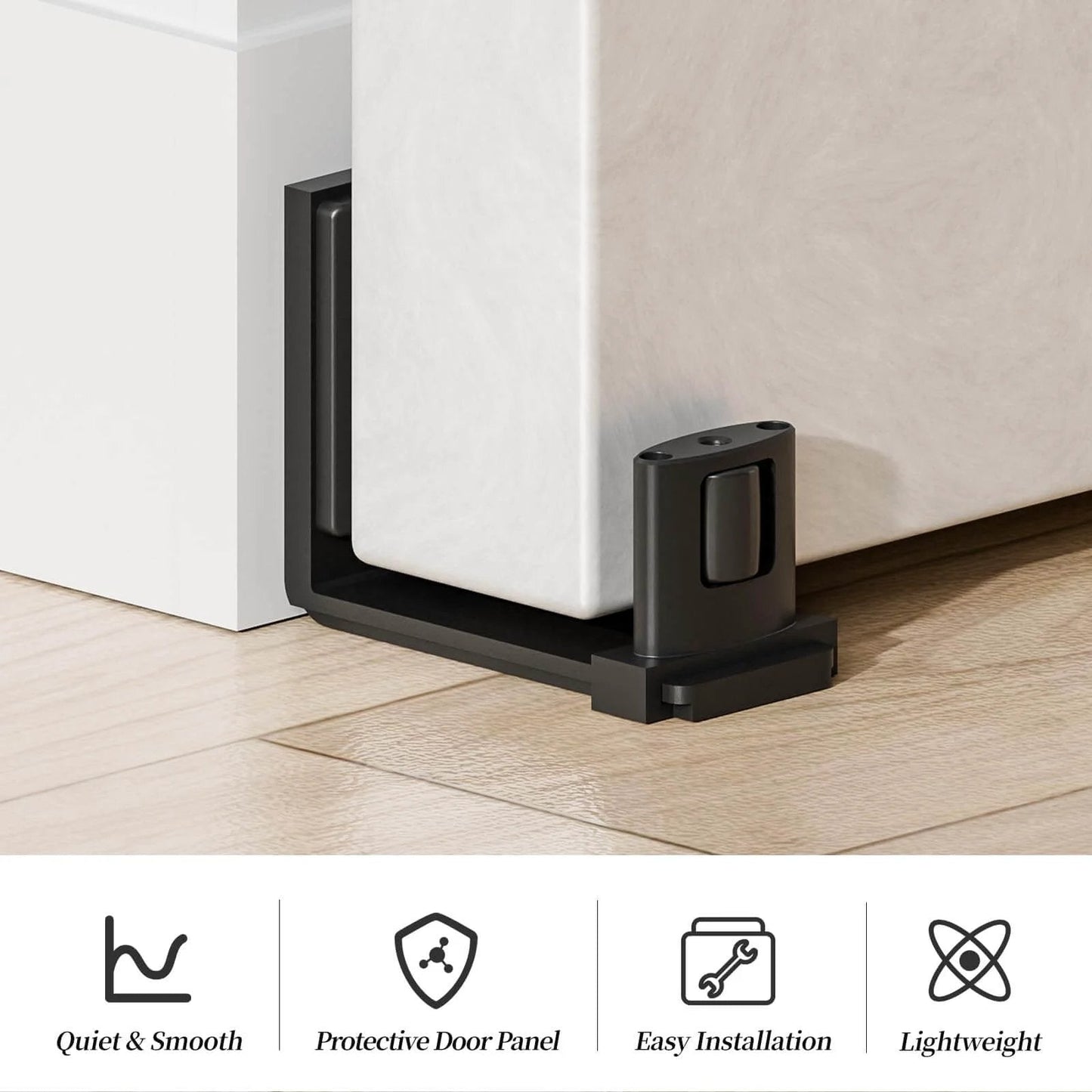 Sliding barn door bottom floor guide with adjustable U shape, black flush wall mounted design, shown installed under a door.