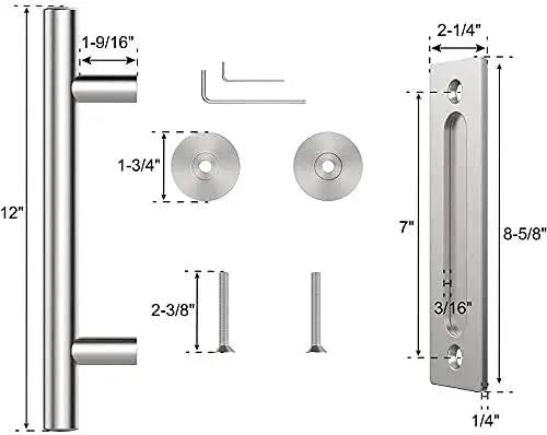 Two Sided Sliding Barn Door Handle Hardware In Brushed Stainless Steel 304 Twelve Inch Length Flush Pull Design With Round Handle On One Side And Flat On The Other Heavy Duty Garden Gate Shed Pull Handle Set Of Two, showing components and dimensions.