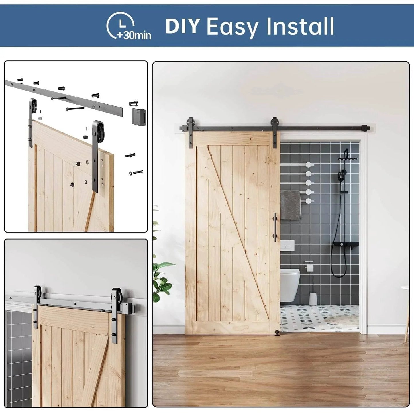 6FT Sliding Barn Door Hardware Track Kit & Handle,Big Industrial Spoke Wheel Pulley,Wall Mount, installed on wooden door