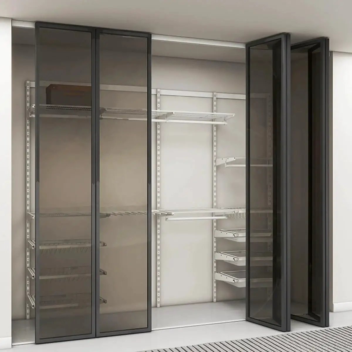 Free Sliding Bifold Door Hardware With Track installed in a closet, showing glass doors with steel frames for smooth quiet operation.