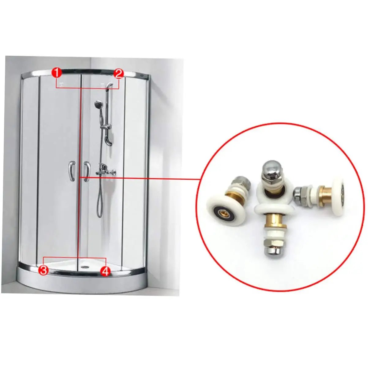 Sliding Door Hanging Roller 4 Pcs Set For Shower RV Bathroom Cabinet Stainless Steel Axle Replacement Wheels shown with shower