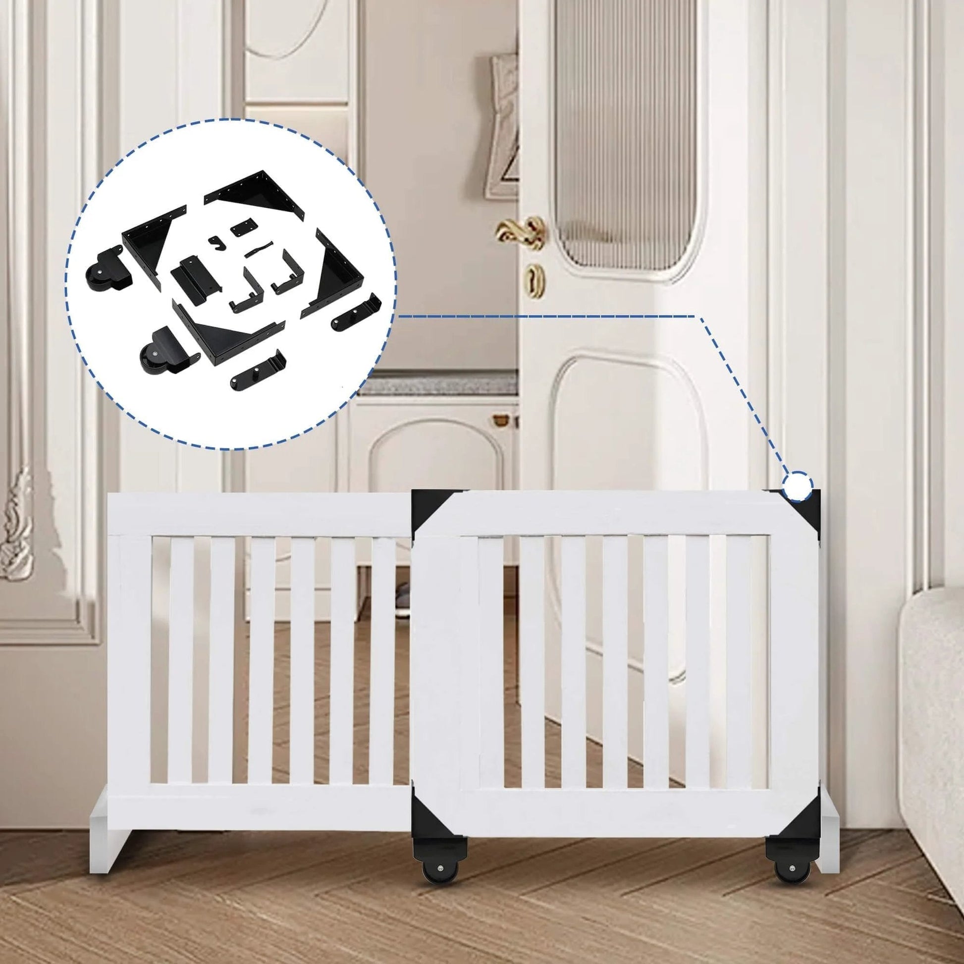 Sliding Gate Hardware Kit with smooth silent rollers installed on indoor wooden gate, demonstrating setup and functionality.