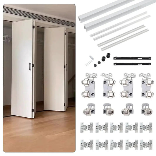 Free Sliding Bifold Door Hardware With Track 36 Inch Bi-Fold Closet Door Kit shown with assembled doors and components