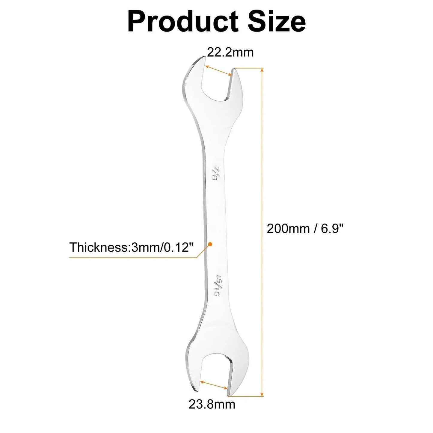Ultra Slim SAE Open End Wrenches Dual Openings 7/8 by 15/16 Inches, 200mm Length, size diagram and dimensions