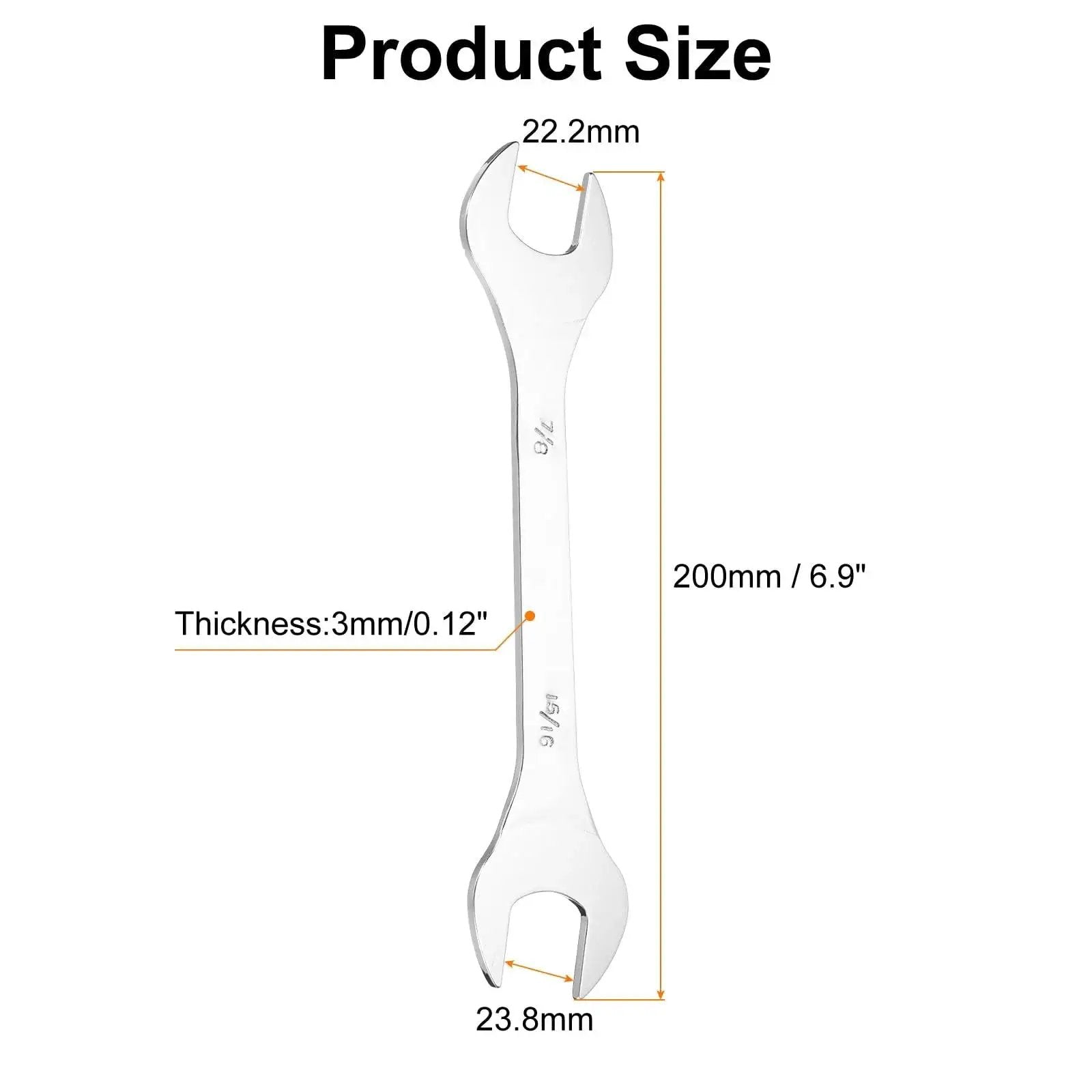Ultra Slim SAE Open End Wrenches Dual Openings 7/8 by 15/16 Inches, 200mm Length, size diagram and dimensions