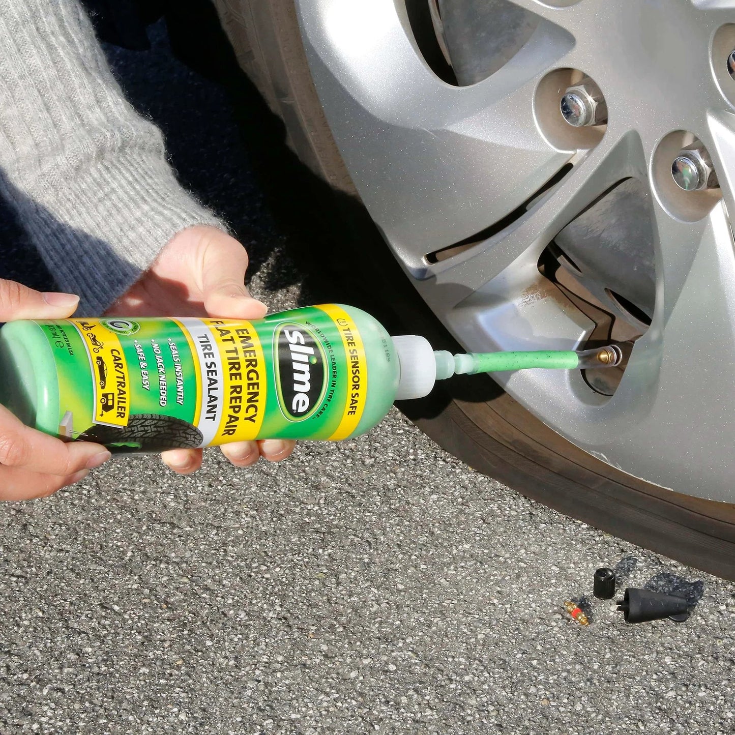 Applying Slime 10011 Flat Tire Puncture Repair Sealant, Emergency Repair for Highway Vehicles, Suitable for Cars/Trailers, 16 oz Bottle