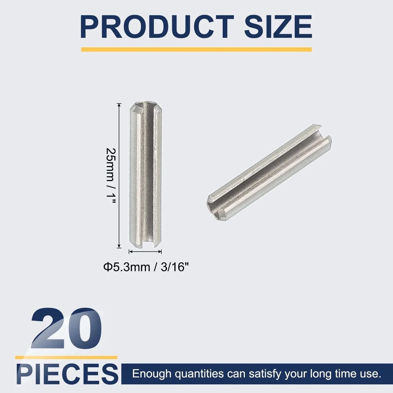 Slotted Spring Pin, 20 Pcs 3/16" x 1" (5.3mm x 25mm) 304 Stainless Steel Split Roll Pins Spring Dowel for Home Improvement Automotive Machine Repair, Silver, showing size and quantity.