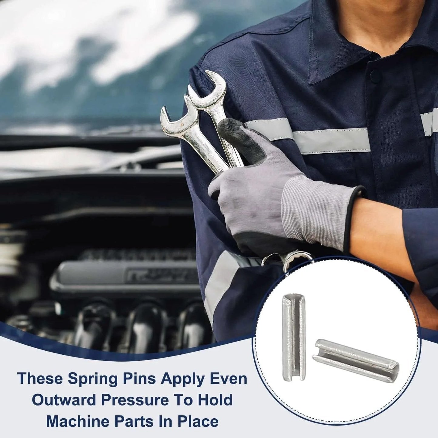 Mechanic holding tools with close-up inset of Slotted Spring Pin, 20 Pcs 3/16" x 1" (5.3mm x 25mm) 304 Stainless Steel Split Roll Pins.
