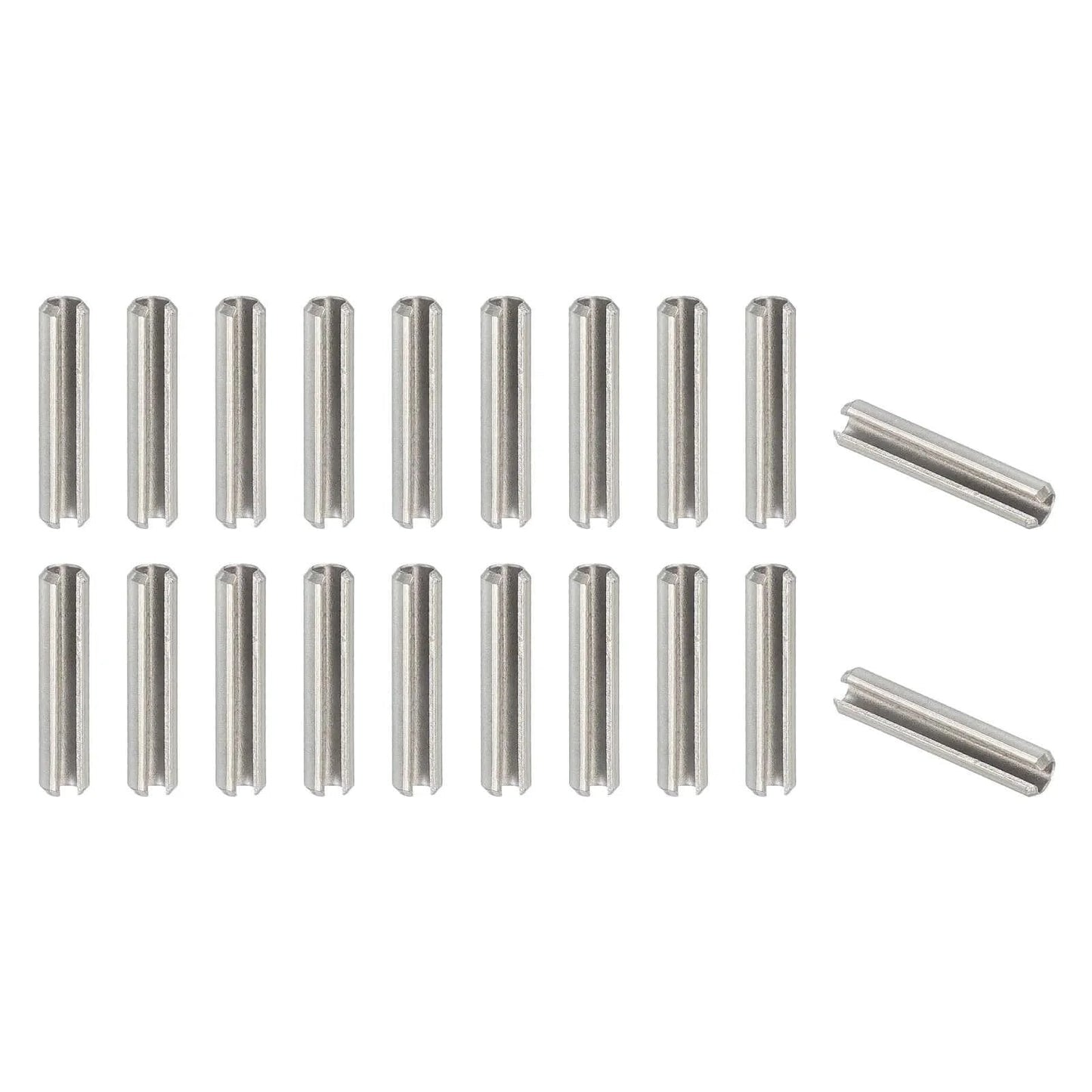Slotted Spring Pin, 20 Pcs 3/16" x 1" (5.3mm x 25mm) 304 Stainless Steel Split Roll Pins in silver, aligned in rows