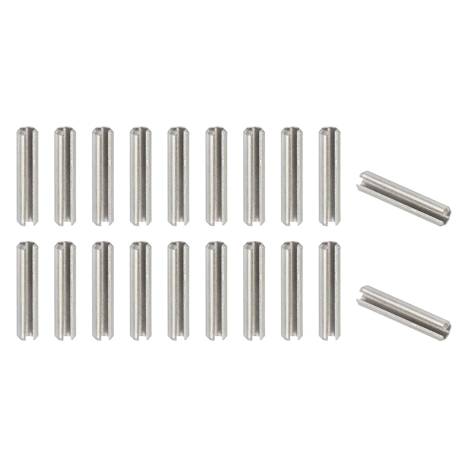 Slotted Spring Pin, 20 Pcs 3/16" x 1" (5.3mm x 25mm) 304 Stainless Steel Split Roll Pins in silver, aligned in rows