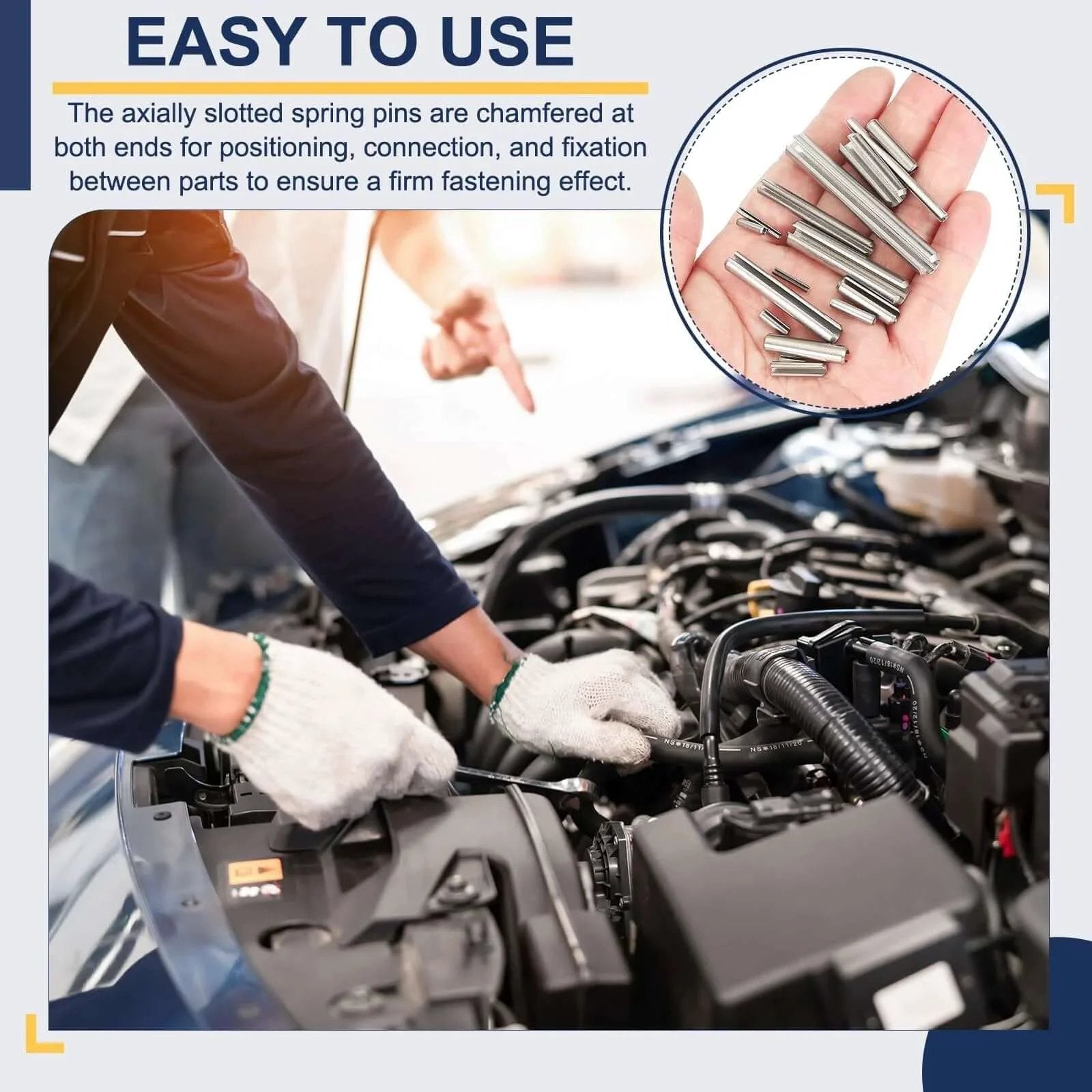 Installing Slotted Spring Pin, 50 Pcs 3/32" x 1/2" 304 Stainless Steel Split Roll Pins in car engine, close-up of pins in hand.