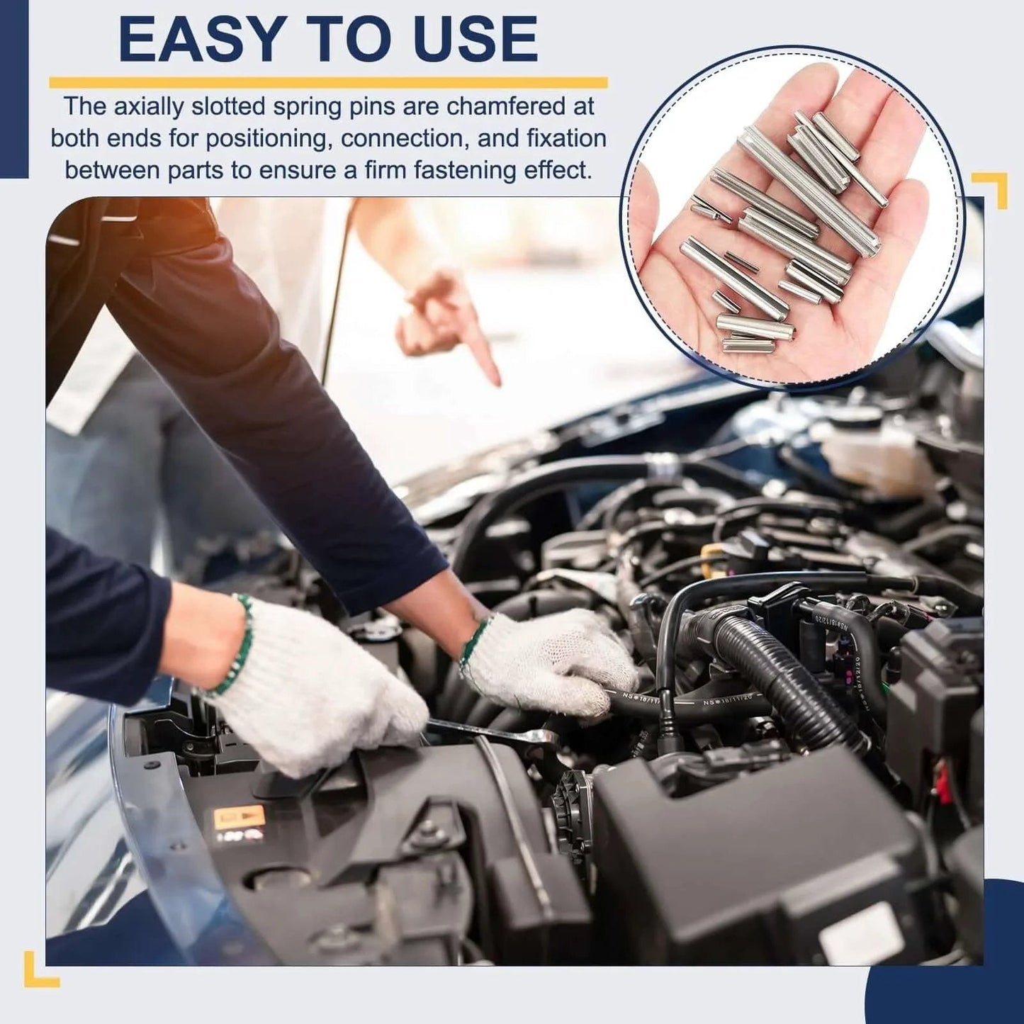 Mechanic using Slotted Spring Pin, 50 Pcs 1/8" x 5/8" (3.2mm x 16mm) 304 Stainless Steel Split Roll Pins for automotive repair