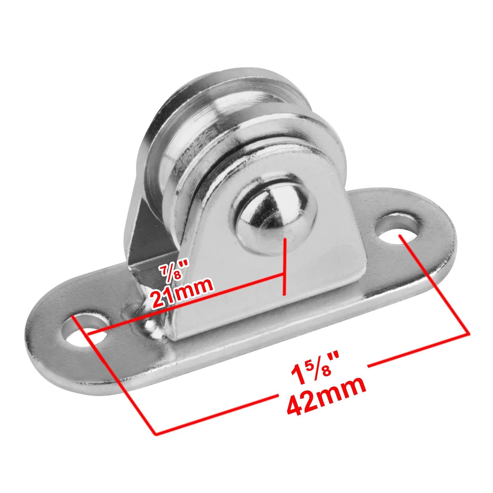 Close-up of a chrome-plated 8 Pcs 1" Small Pulley Block, Silent Pulley Wheel for 1/8" Cord, Max Load 176 lb, with measurements.