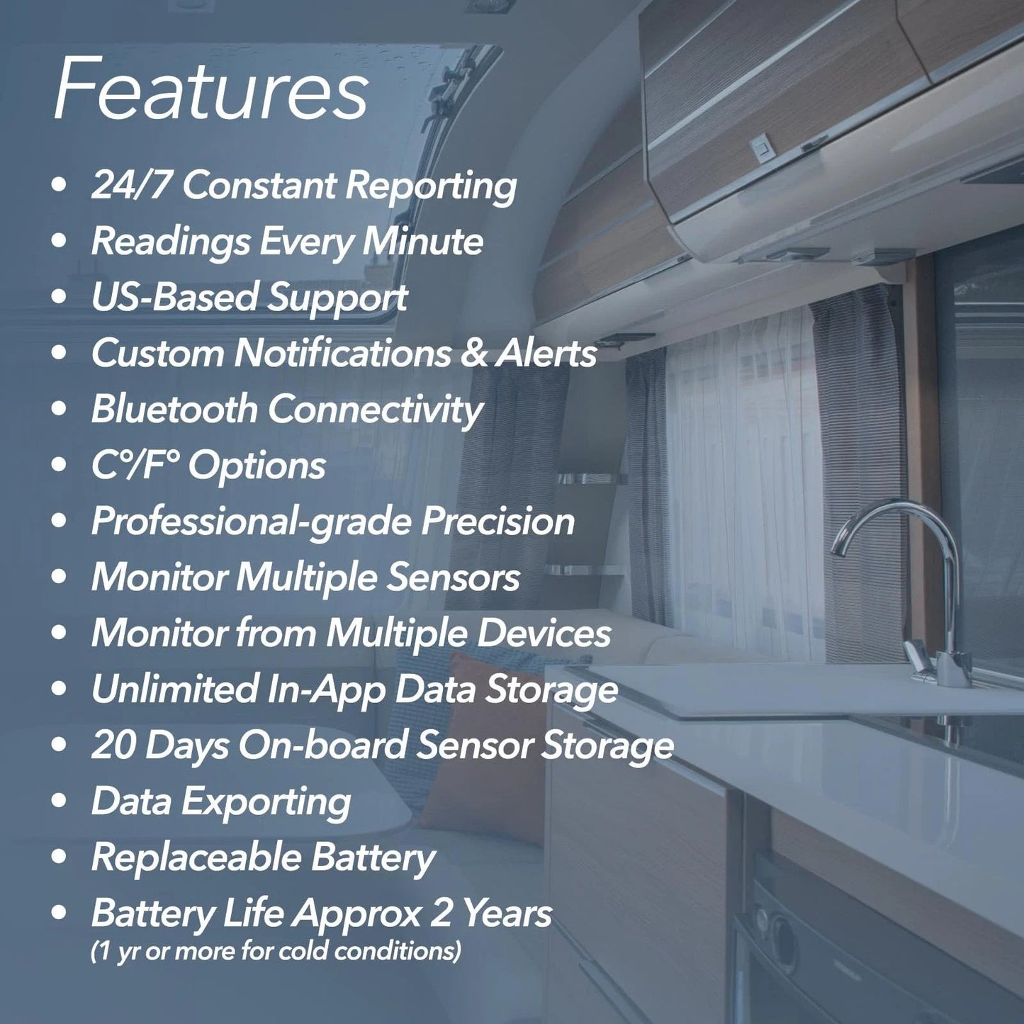 Features list of Smart Indoor Outdoor Temperature And Humidity Monitor With App Monitoring And Heat Index For Fridge RV And More.
