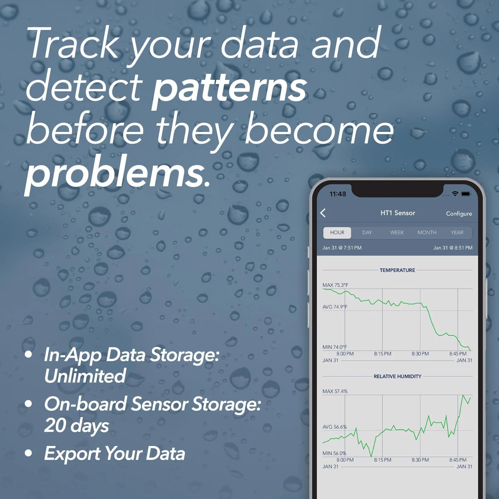 Smart Indoor Outdoor Temperature And Humidity Monitor With App Monitoring And Heat Index For Fridge RV And More No Fuss Setup In Seconds And Real Time Alerts For Temperature Humidity And Battery Status SensorPush app interface showing temperature and humidity data graphs.