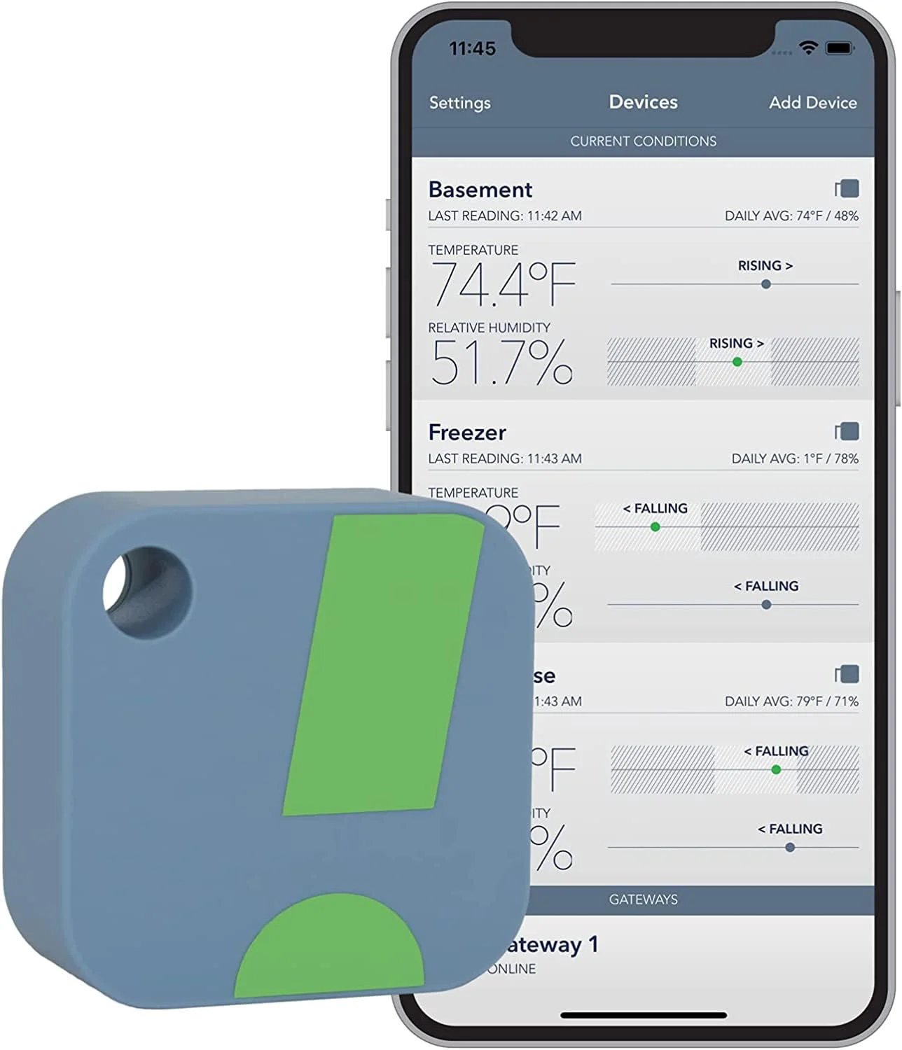 Smart Indoor Outdoor Temperature And Humidity Monitor With App Monitoring And Heat Index For Fridge RV And More No Fuss Setup In Seconds And Real Time Alerts For Temperature Humidity And Battery Status SensorPush displayed with app showing data on smartphone.