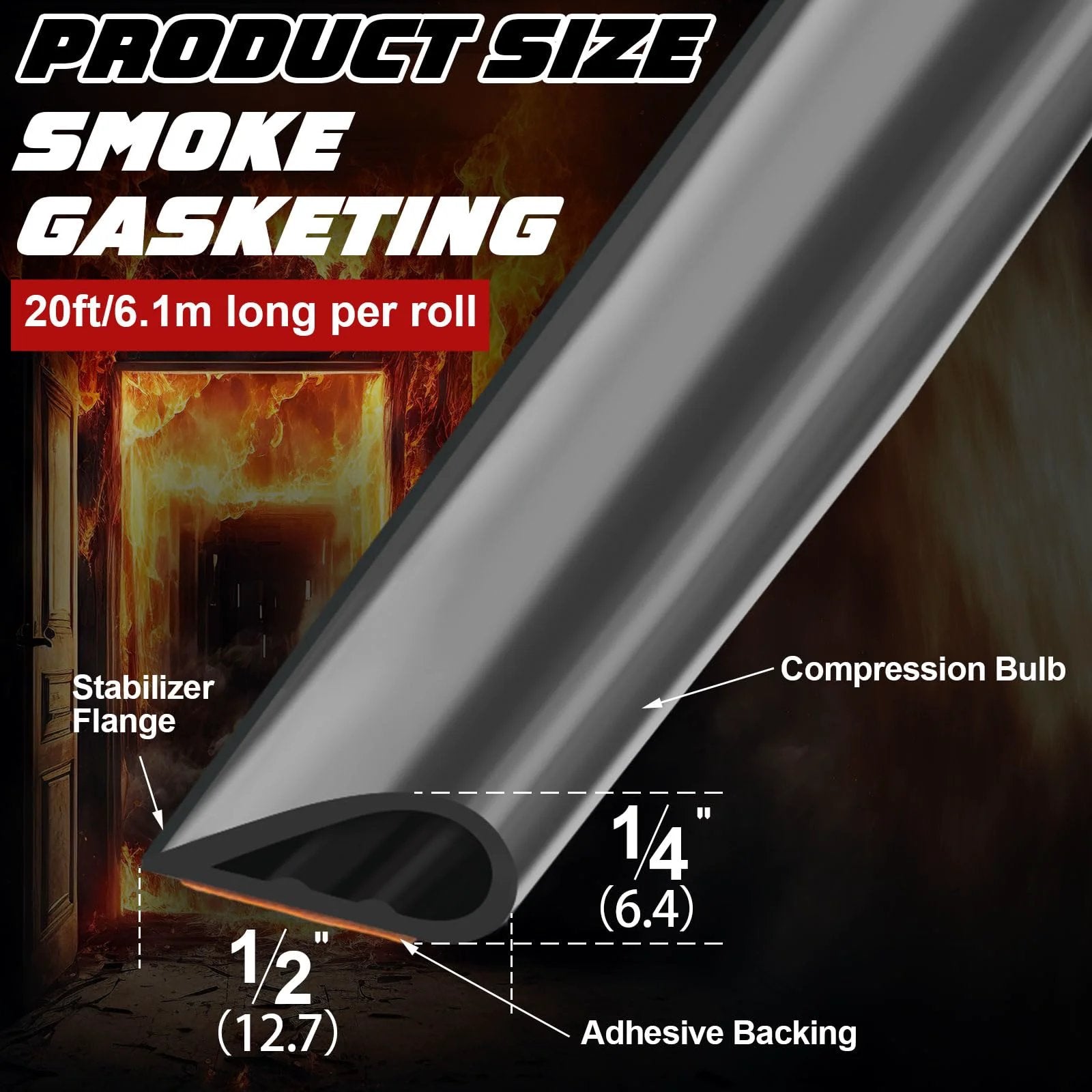 Close-up of adhesive fire and smoke gasket seal, 0.5 inch wide by 0.25 inch high, flexible silicone weather stripping for doors and windows.