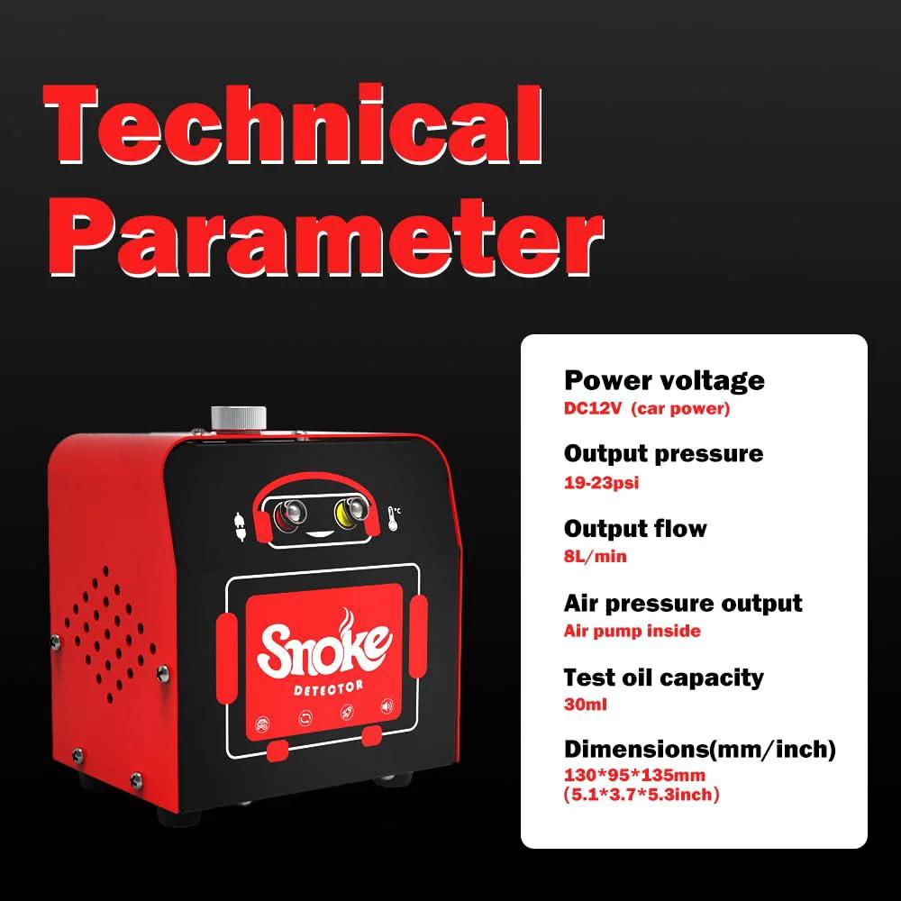 Professional Smoke Leak Tester Kit For EVAP And Vacuum Leaks In Auto Repair Shops And DIY Garages Quick And Accurate Diagnostics With SD101 Device Solary For Automotive Technicians Today with technical parameters displayed.