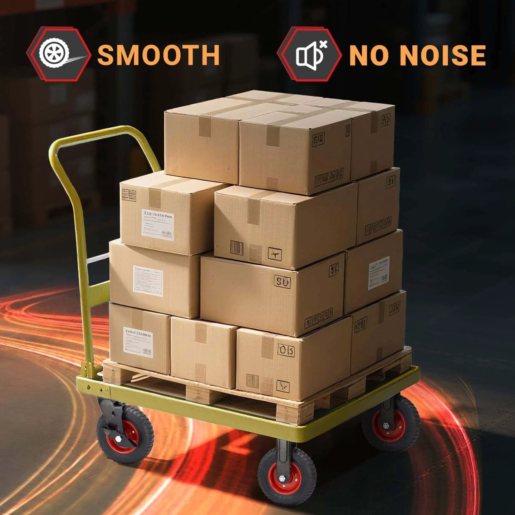 8 inch Heavy Duty Rubber Caster wheels set of 4 on a cart holding stacked boxes, showcasing outdoor industrial use with brakes.