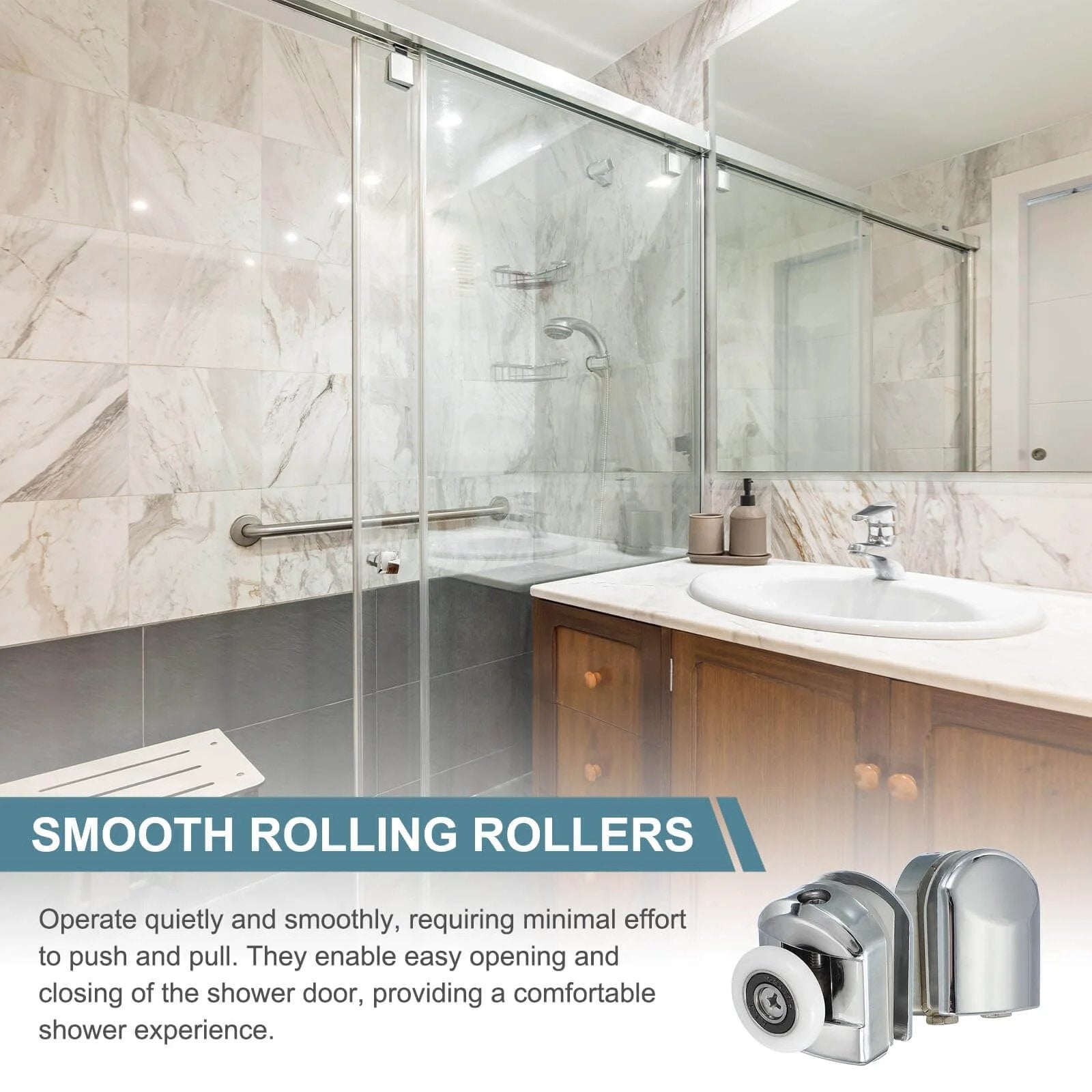 Bathroom with shower featuring 23mm shower door rollers replacement set with single runners wheels and pulleys, silver finish.