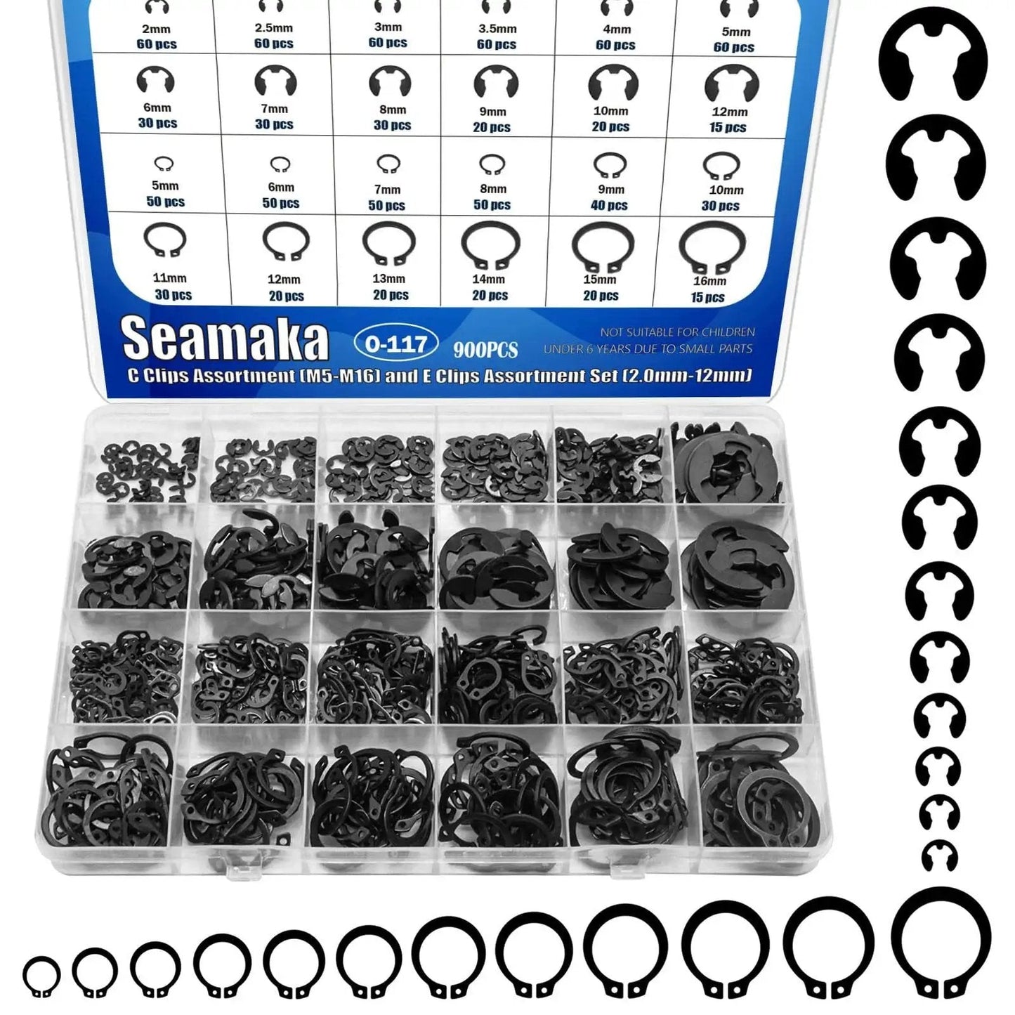 All In One Snap Ring Assortment Kit With 24 Sizes In Carbon Steel E Clips 2mm to 12mm and C Clips M5 to M16 in open case