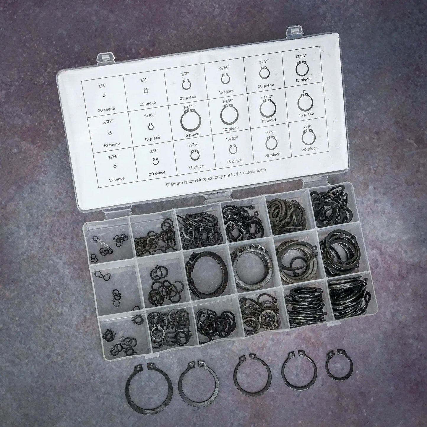 Ultimate Snap Ring Shop Assortment Kit With 300 Retaining Rings in 18 Sizes From 1/8 to 1-1/4 Inch, Neiko 50458A Kit Open View