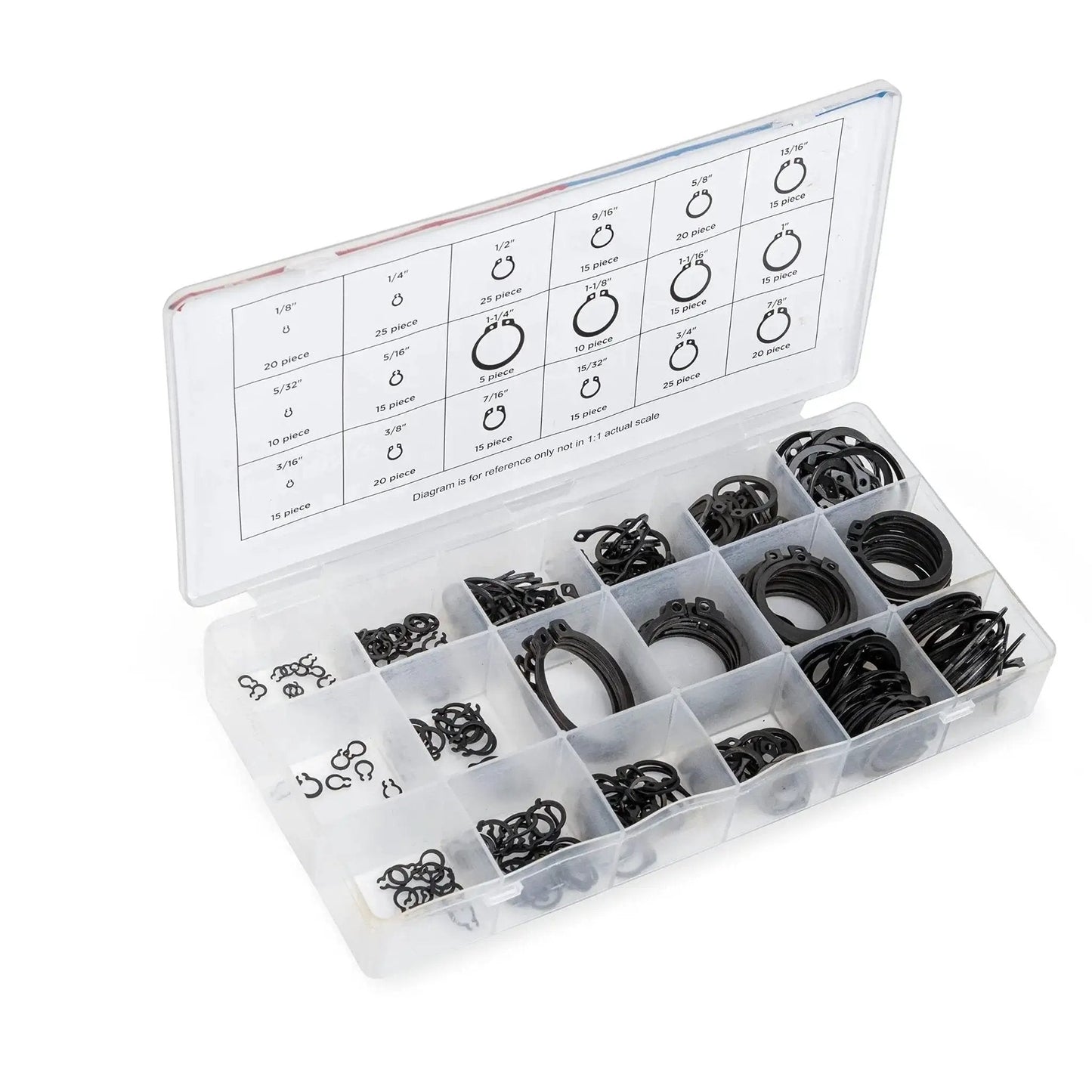 Ultimate Snap Ring Shop Assortment Kit With 300 Retaining Rings In 18 Sizes For Grooved Shafts, Neiko 50458A Steel Case Open
