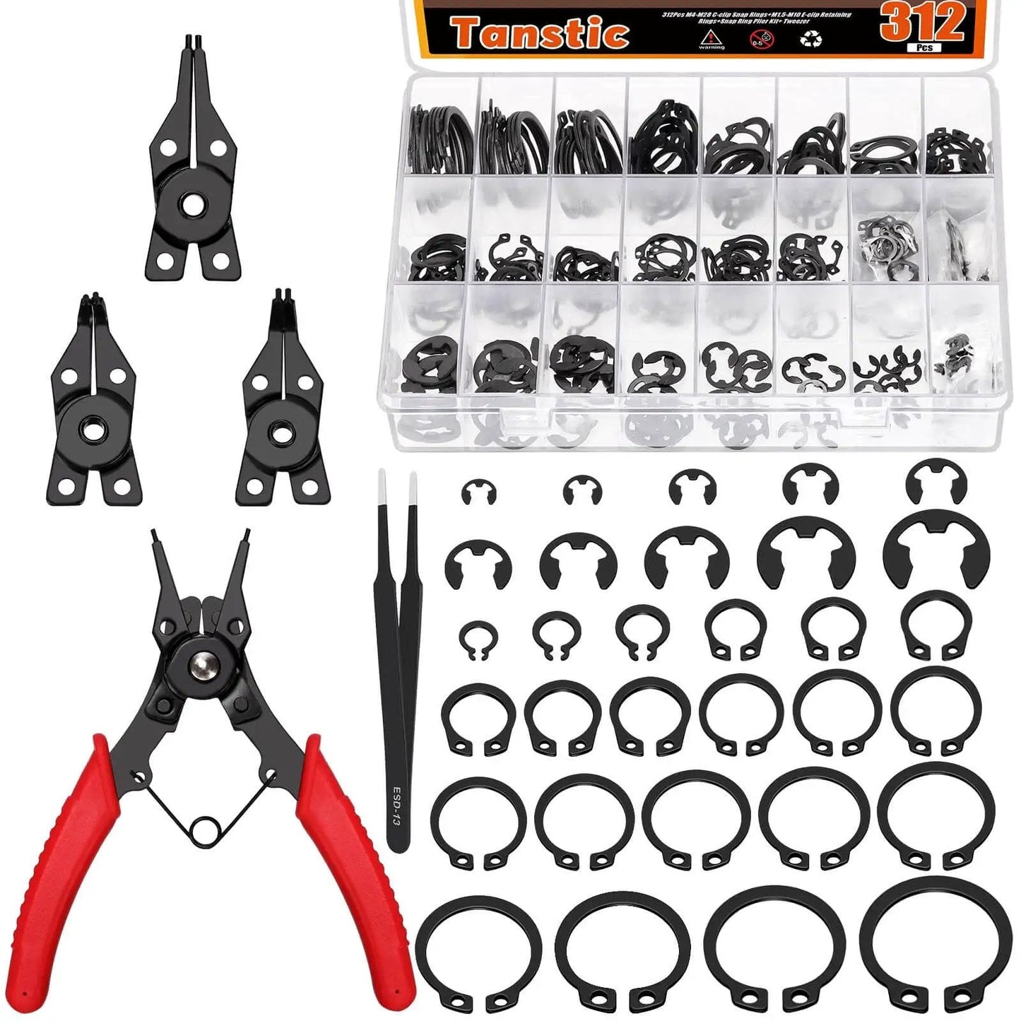 All In One C Clip And E Clip Retaining Ring Kit With Pliers And Tweezers, 312 Pcs Total, M4 To M28 And 1.5 To 10mm Sizes, 65Mn Steel Heavy Duty Snap Ring Set