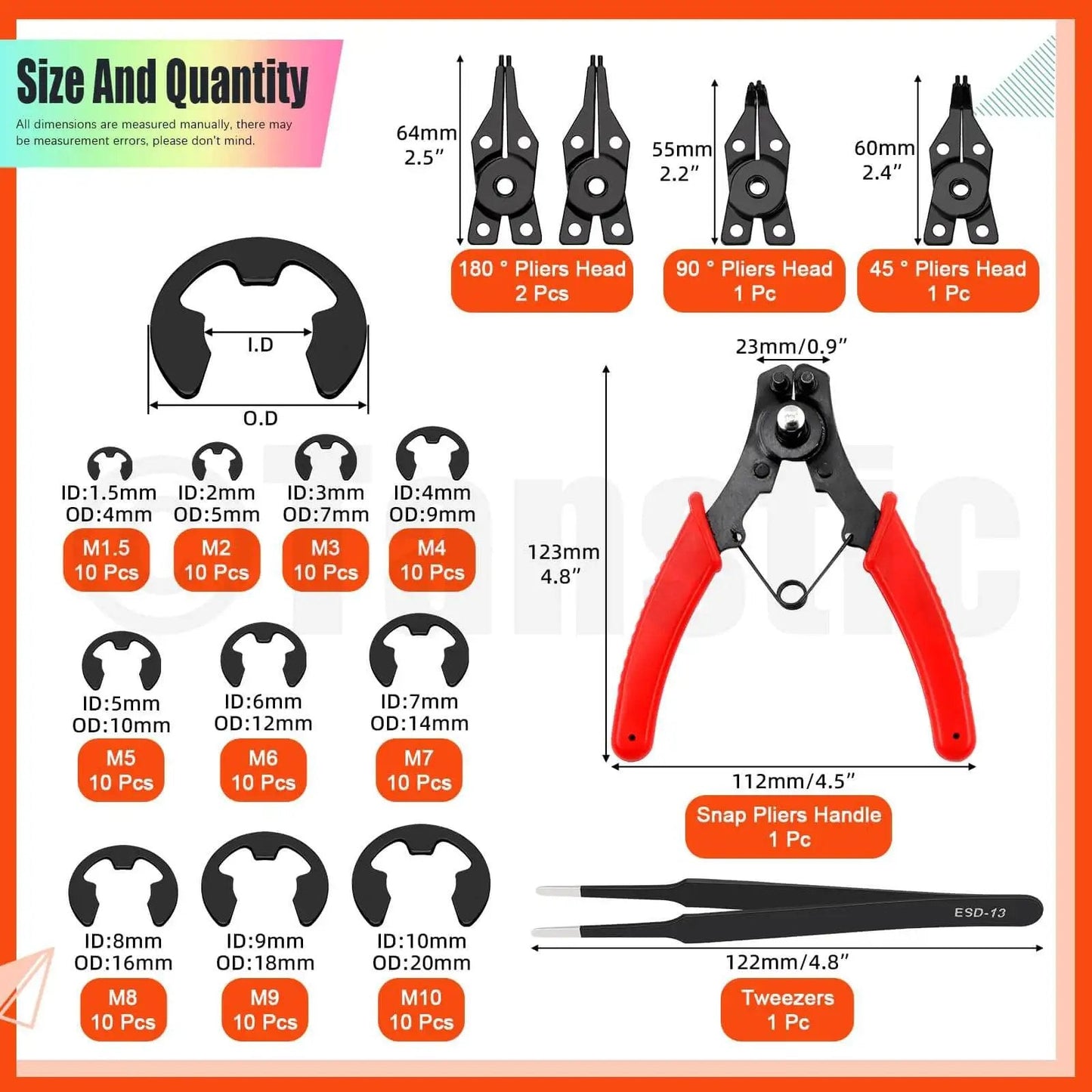 Image showing All In One C Clip And E Clip Retaining Ring Kit With Pliers And Tweezers, including details on sizes from M4 to M28 and 1.5 to 10mm.