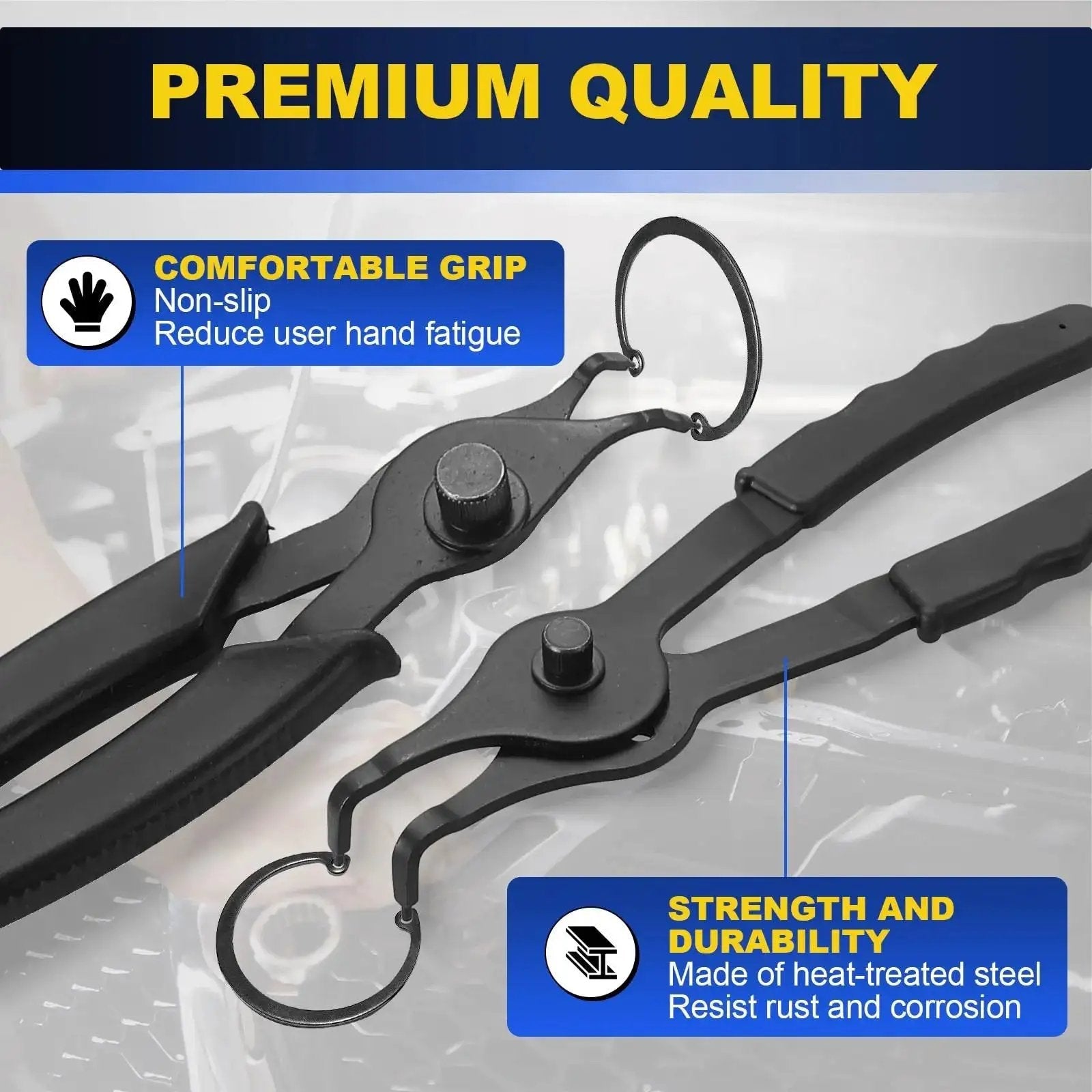 Close-up of 14 Piece Snap Ring Pliers Set With 45 Degree And 90 Degree Bent And Straight Tips, highlighting strong grip and durability features.