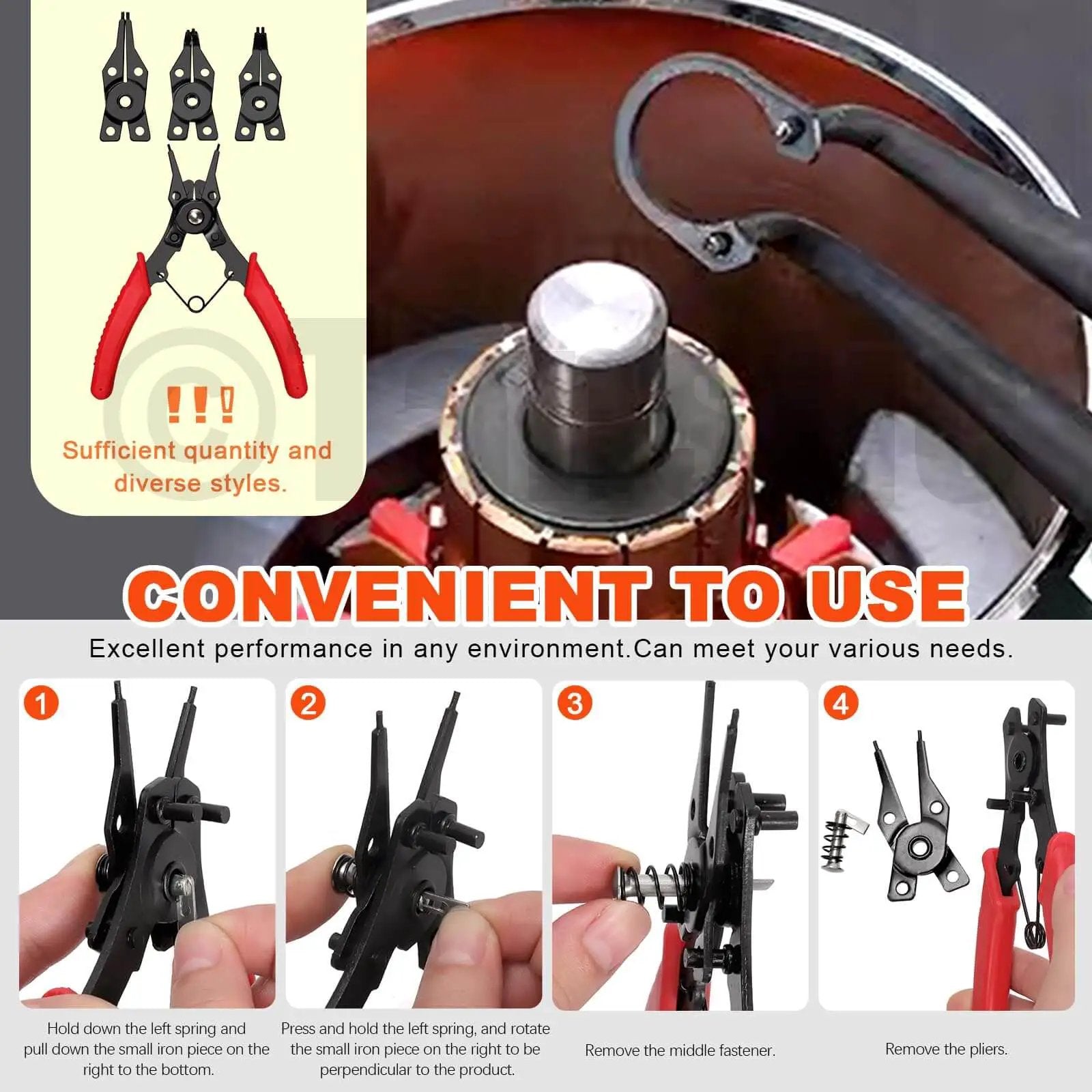 All In One C Clip And E Clip Retaining Ring Kit With Pliers And Tweezers, 312 Pcs Total, M4 To M28 And 1.5 To 10mm Sizes, 65Mn Steel Heavy Duty Snap Ring Set For DIY Gearheads displayed with usage steps.
