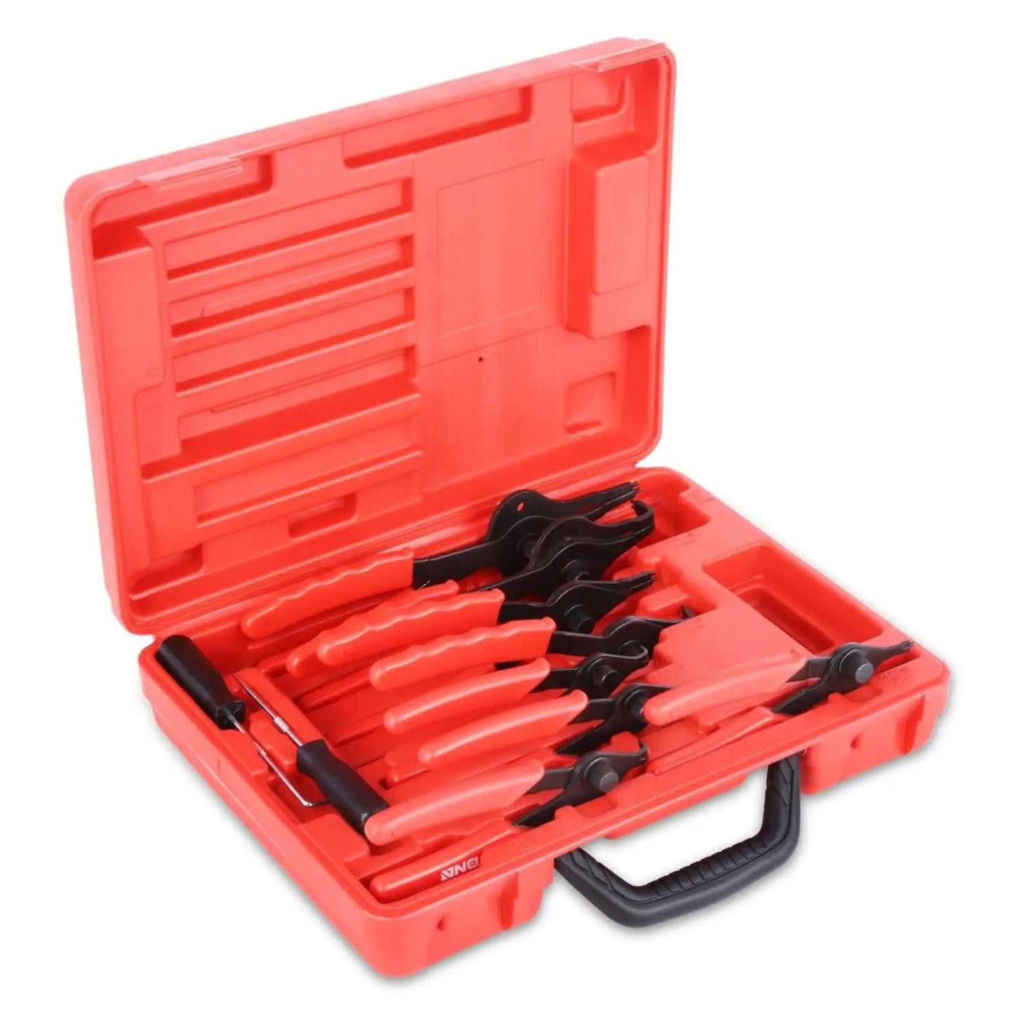 All In One Snap Ring Pliers Kit For Automotive Repair Heavy Duty 10 Piece Set With Straight And Bent Pliers Internal And External Circlip Removal Tools In Durable Storage Case shown open with pliers displayed inside.