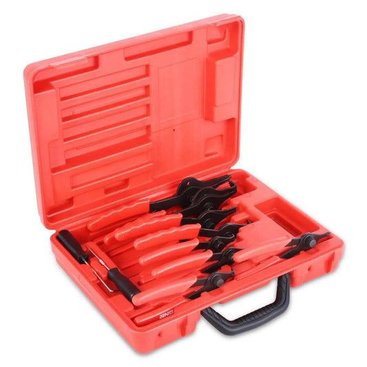 All In One Snap Ring Pliers Kit For Automotive Repair Heavy Duty 10 Piece Set With Straight And Bent Pliers Internal And External Circlip Removal Tools In Durable Storage Case shown open with pliers displayed inside.