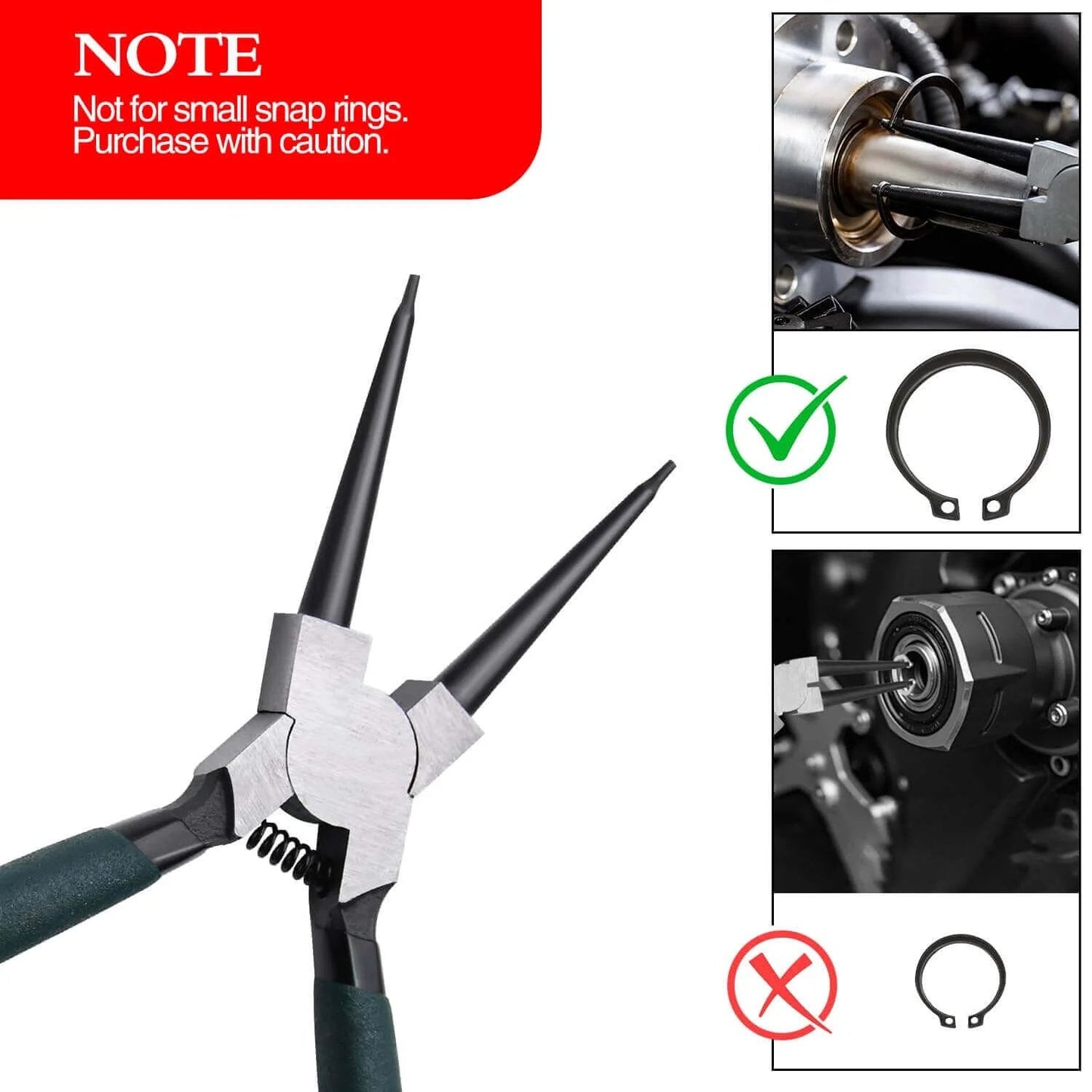 7 inch snap ring pliers set 4 pcs internal & external straight and bent jaw displayed with usage guide