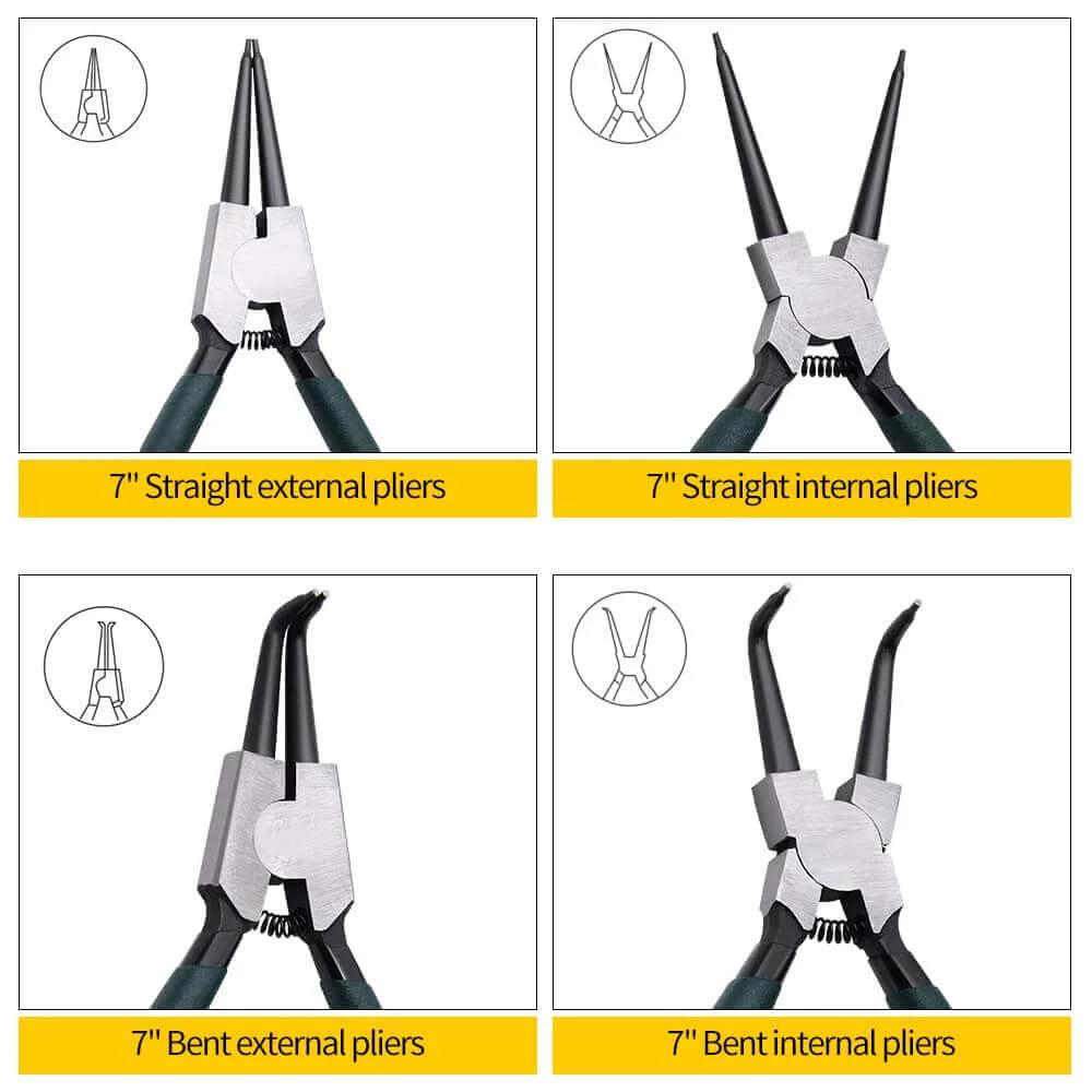 7 inch snap ring pliers set 4 pcs internal & external straight and bent jaw displayed in four sections