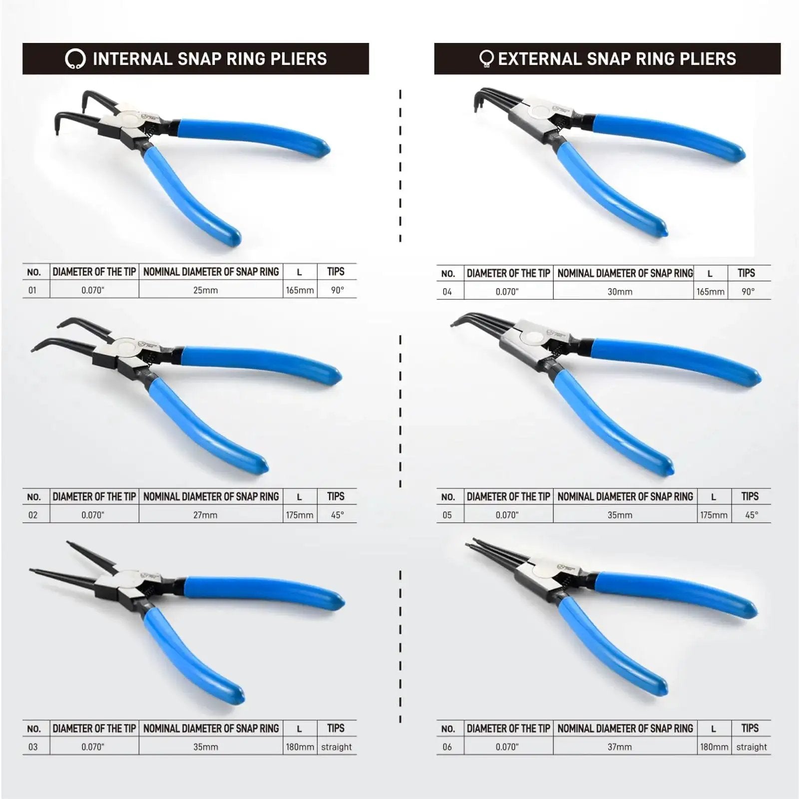 Six Piece 7 Inch Snap Ring Pliers Set With 0 Degree 45 Degree And 90 Degree Angled Jaws For Internal And External Retaining Rings
