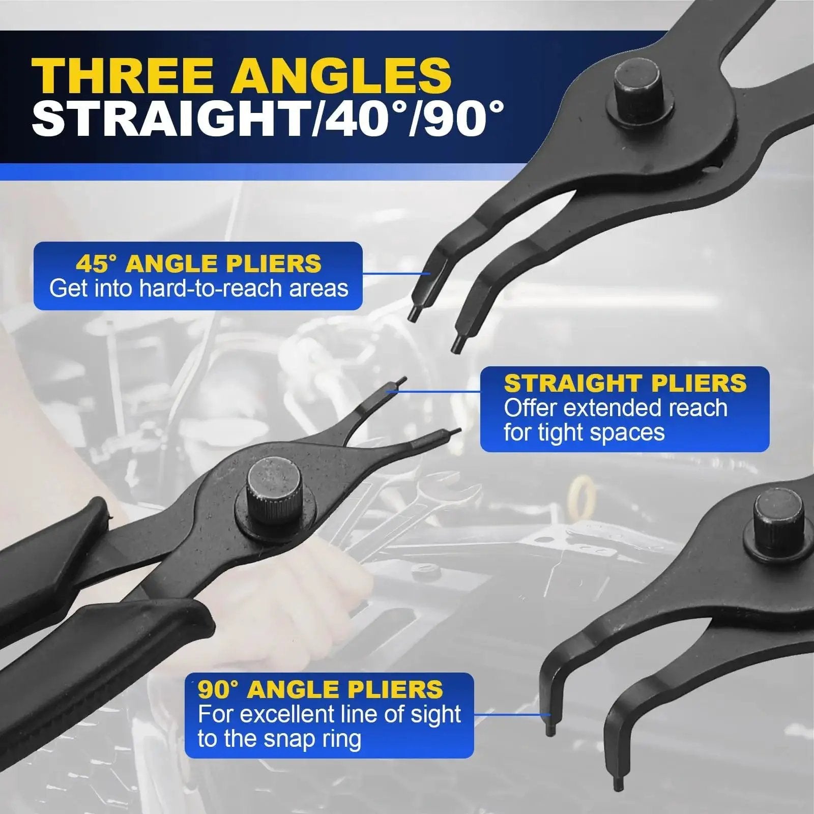 14 Piece Snap Ring Pliers Set With 45 Degree And 90 Degree Bent And Straight Tips for internal and external circlips shown in detail.