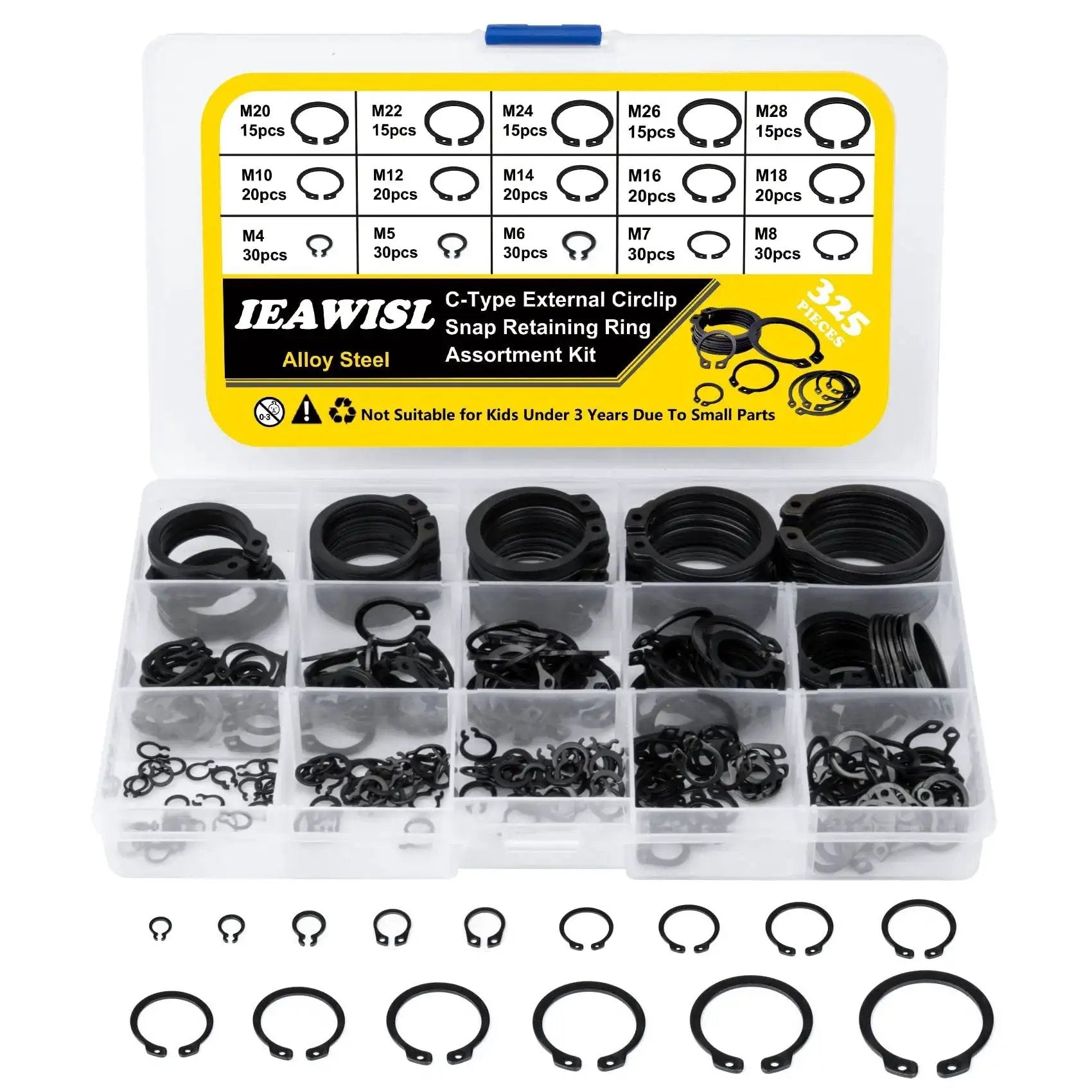 Premium Snap Ring Set 325Pcs Alloy Steel External Retaining Rings Circlips In 15 Sizes For Axles Shafts And Other Moving Parts