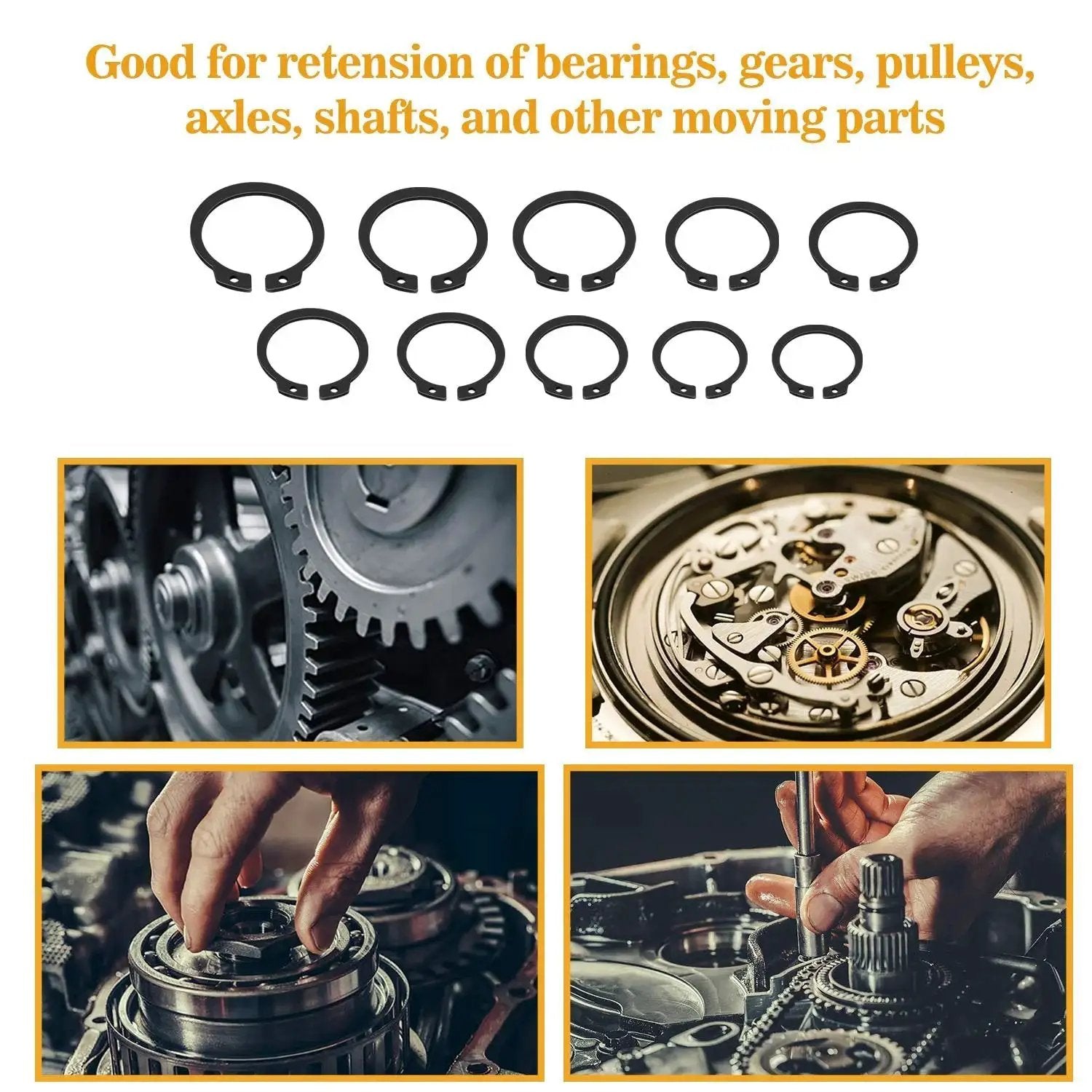315 Piece Snap Ring Set For External Circlips In 15 Sizes, used on axles and shafts, durable alloy steel for automotive and machinery.