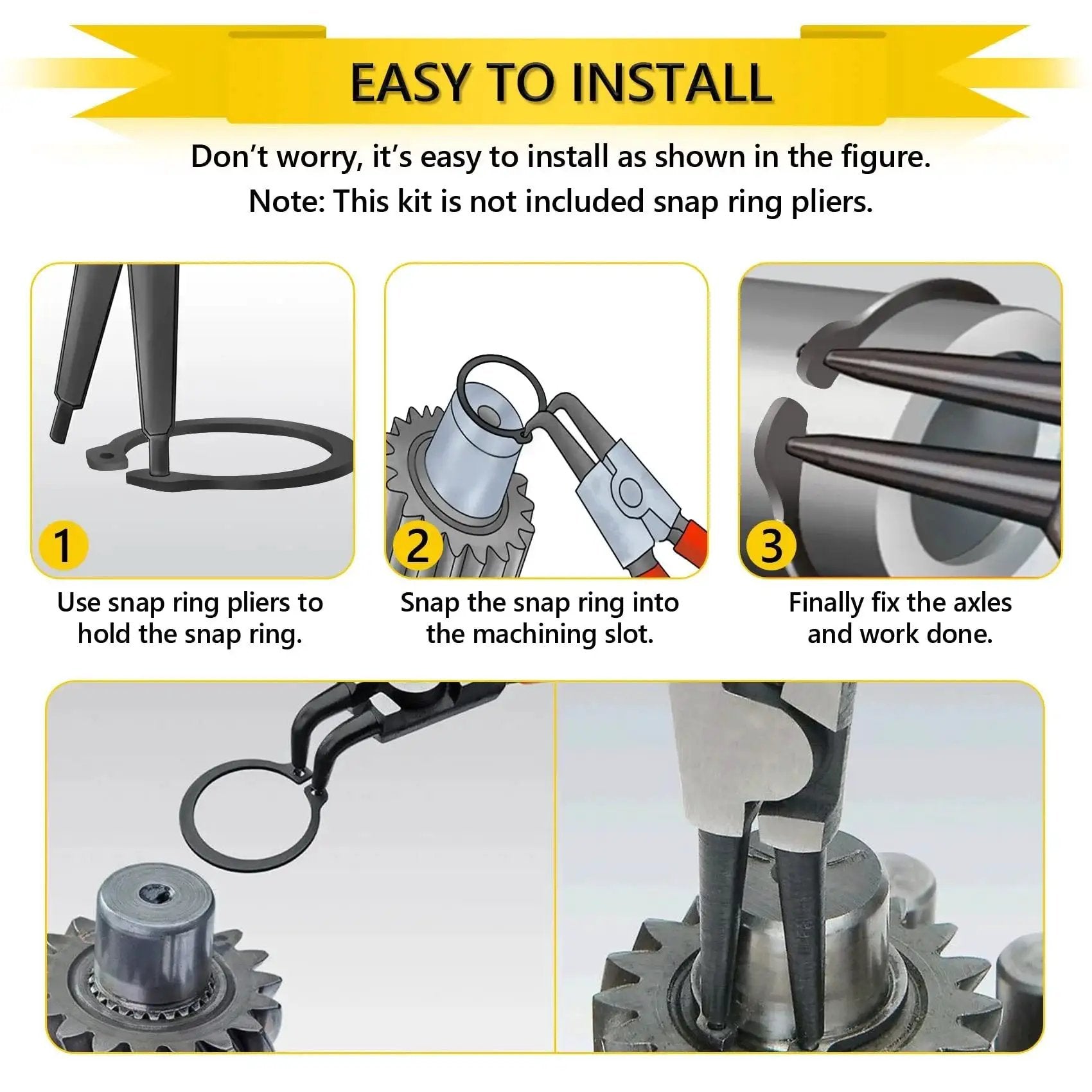 Installation process of Premium Snap Ring Set 325Pcs Alloy Steel External Retaining Rings Circlips illustrated with tools and axles.