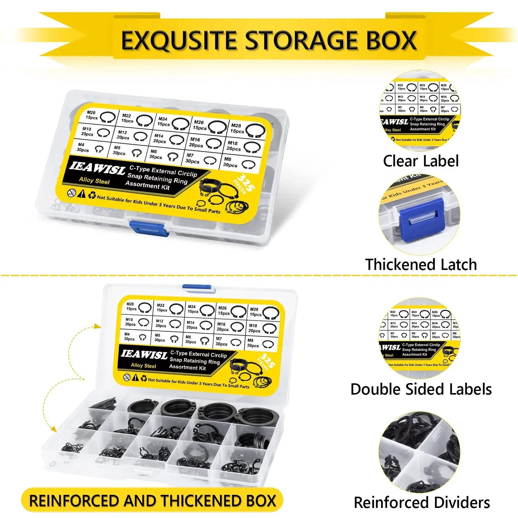 Premium Snap Ring Set 325Pcs Alloy Steel External Retaining Rings Circlips in storage box with labels and dividers.