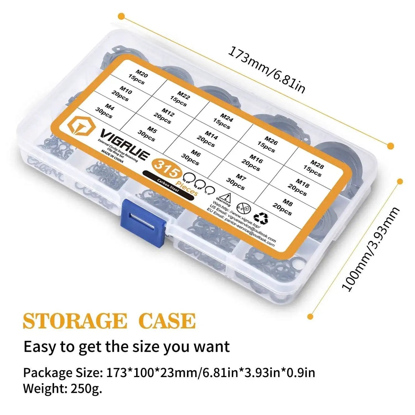 315 Piece Snap Ring Set For External Circlips In 15 Sizes Alloy Steel Heat Treated Retaining Rings Kit with organized storage case