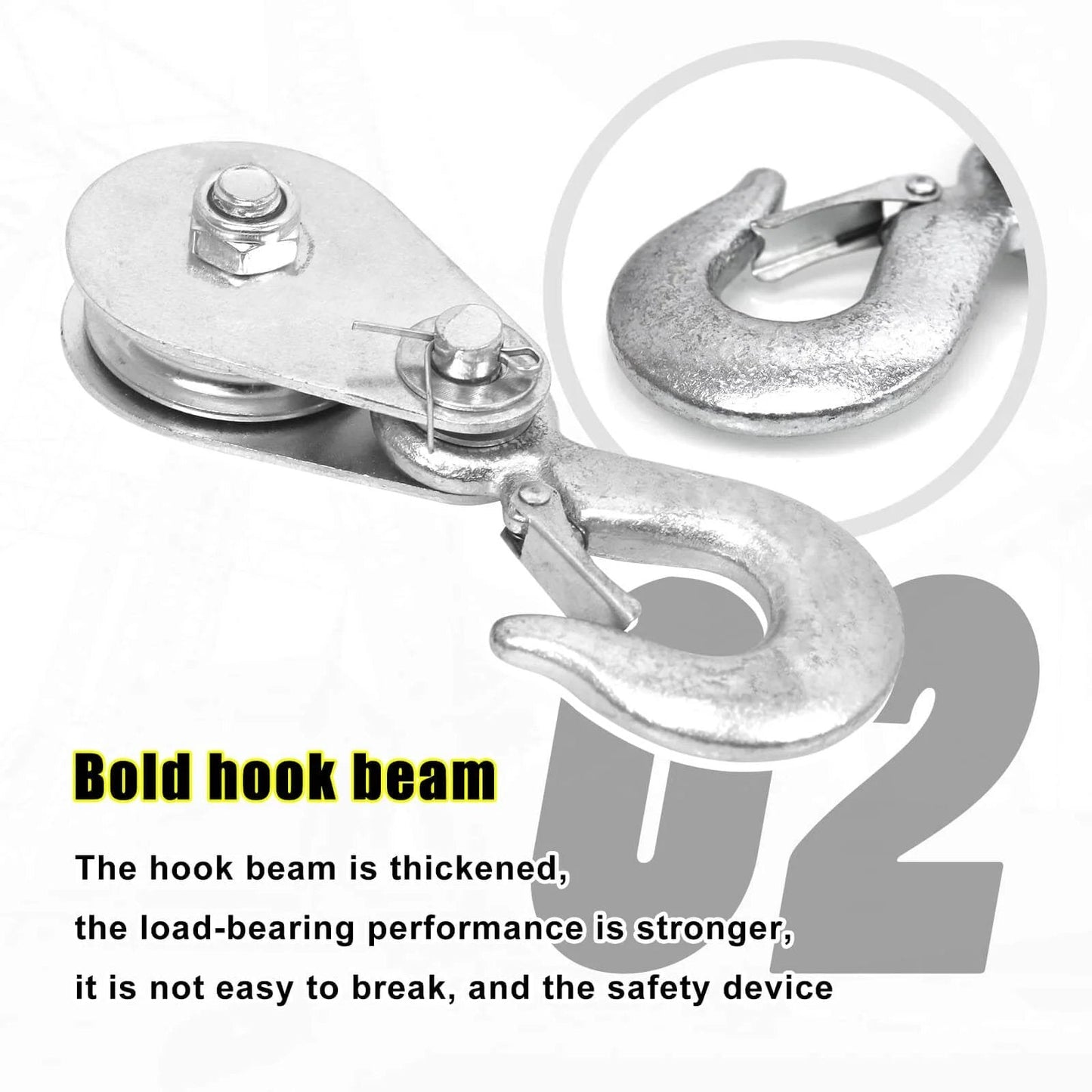 Pulley Hook (1Tons/2,200 LBS) Snatch Block with Hook showing thickened hook beam and close-up of hook and pulley.