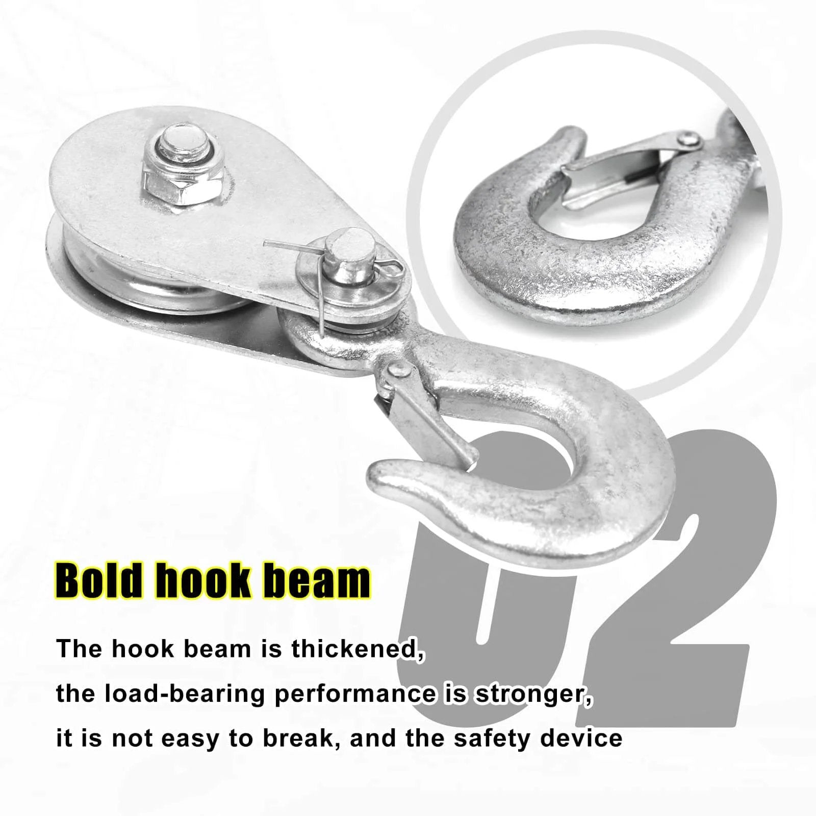 Pulley Hook (1Tons/2,200 LBS) Snatch Block with Hook showing thickened hook beam and close-up of hook and pulley.