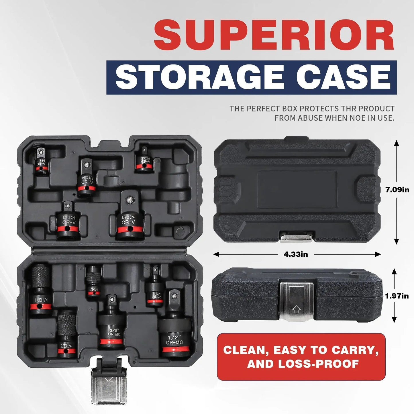 11 Piece Impact Socket Adapter Set With One Quarter Inch Drive, Three Eighth Inch Drive And One Half Inch Drive, storage case open