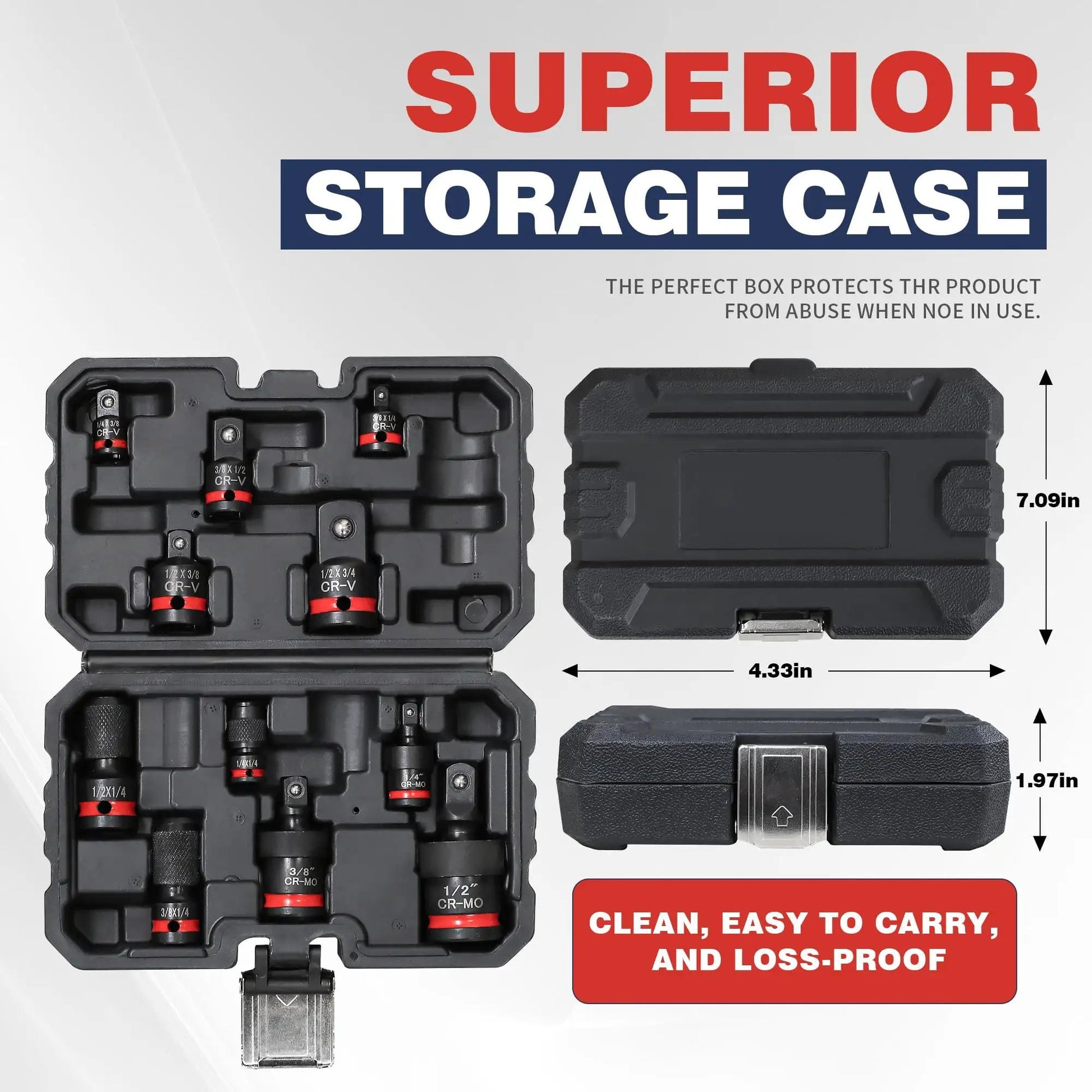 11 Piece Impact Socket Adapter Set With One Quarter Inch Drive, Three Eighth Inch Drive And One Half Inch Drive, storage case open
