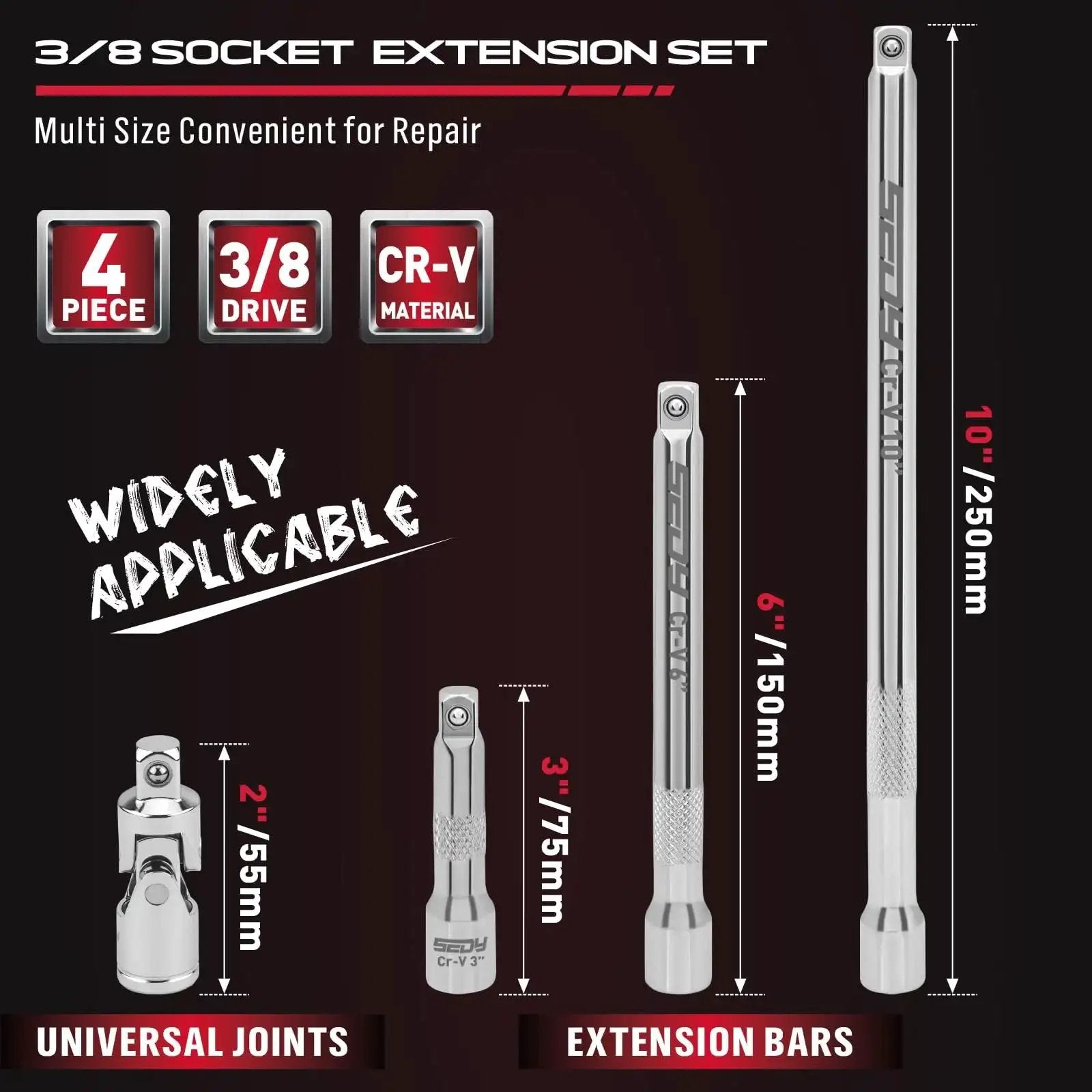 Four Piece Three Eighths Inch Drive Socket Extension Bar Set With Three Six And Ten Inch Extensions And Universal Joint Sockets