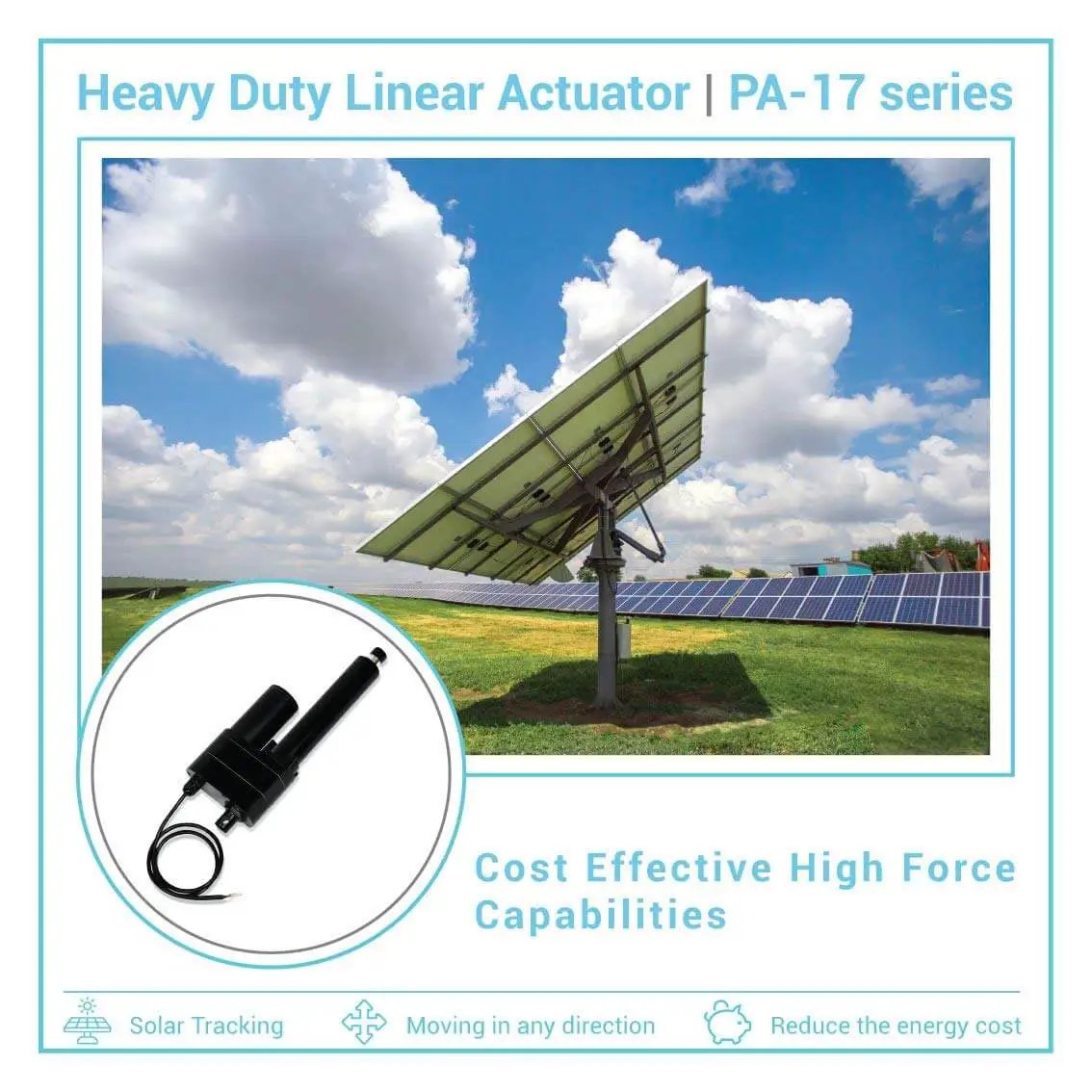Beefy 24V Linear Actuator With 24 Inch Stroke And 2000 Lbs Push, IP65 Protected For Agriculture, Automotive, And Industrial Projects, Rugged Stainless Shaft And Metal Gears, Progressive Automations PA-17 shown with solar panel