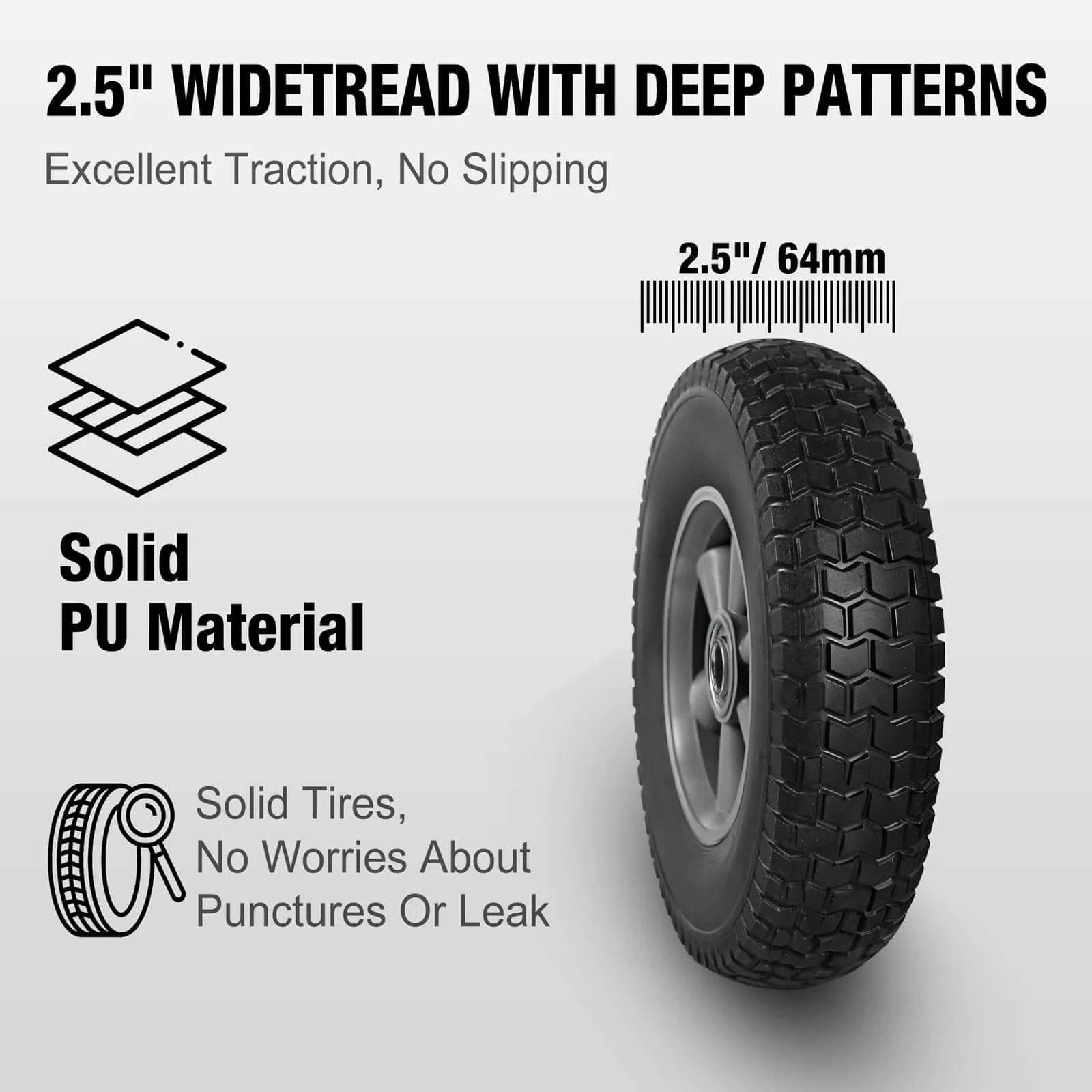 Solid rubber tires and wheels, 10 inch flat free tubeless wheels with 5/8" axle bore hole, 2.1" offset hub, side view of tread