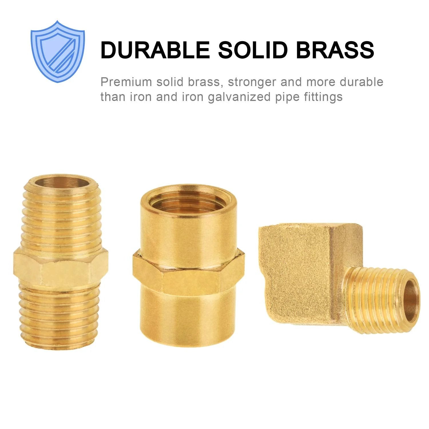 Premium Brass Fittings Kit One Quarter Inch NPT Plumbing Set With 90 Degree Street Elbow And Hex Nipples, showcasing male and female fittings.
